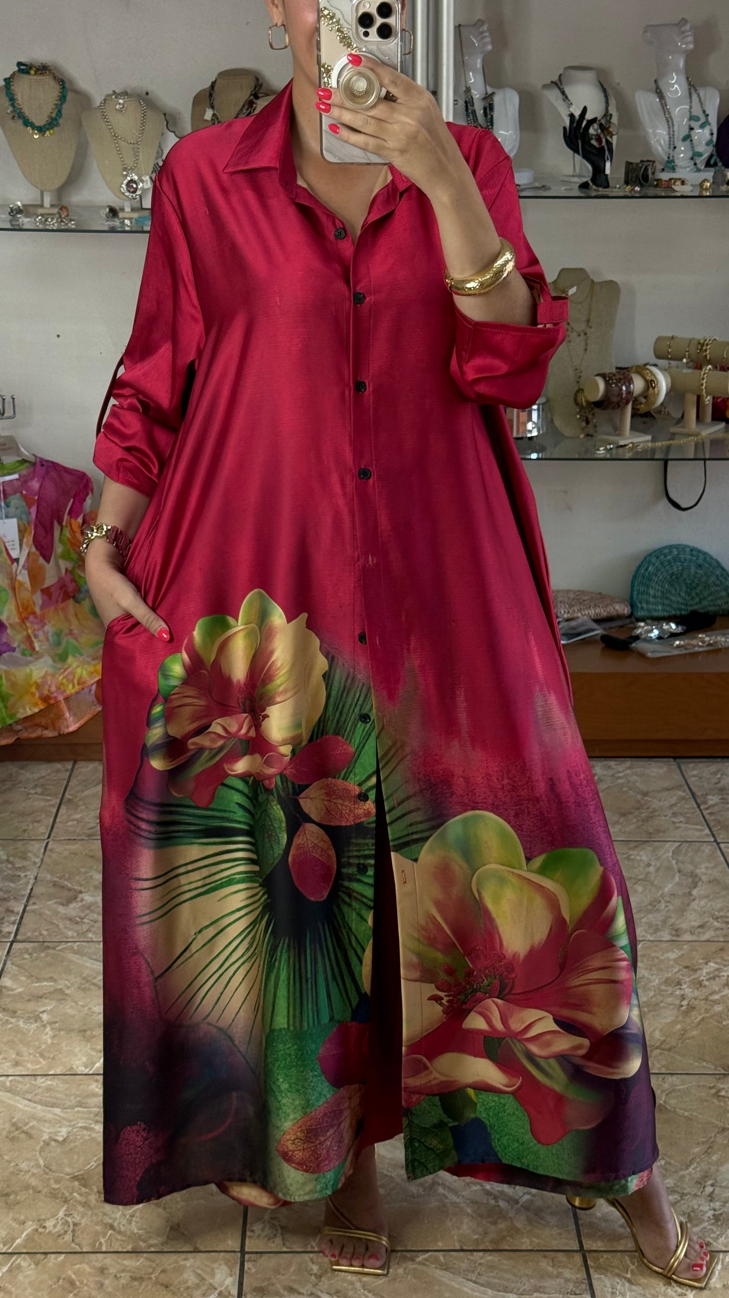 Pink Floral Silk OS Top/Dress & Pant Set (NO RETURNS OR EXCHANGE)
