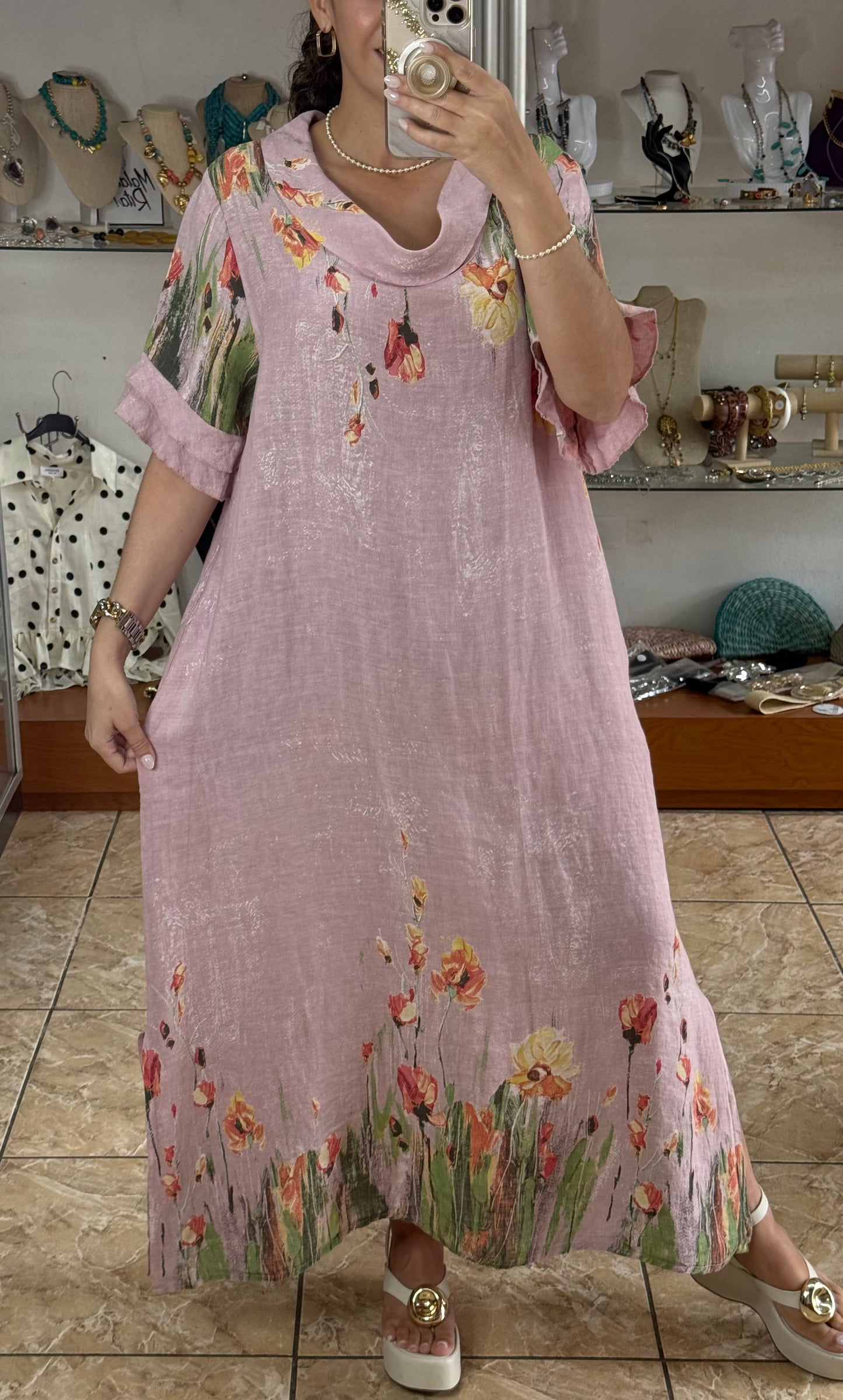 Orange Flowers OS Linen Maxi Dress (NO RETURNS OR EXCHANGE)