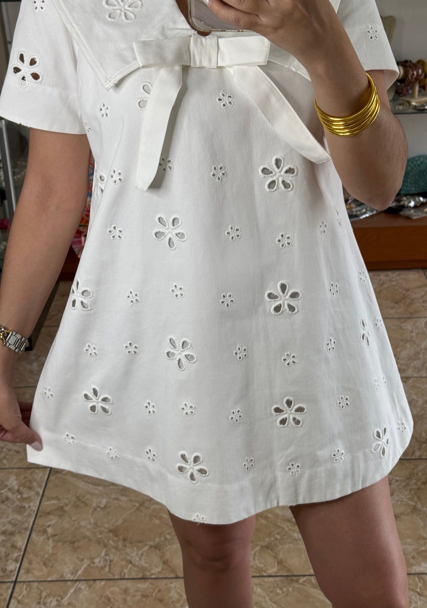 Off White Front Bow Eyelet Mini Dress (NO RETURNS OR EXCHANGE)