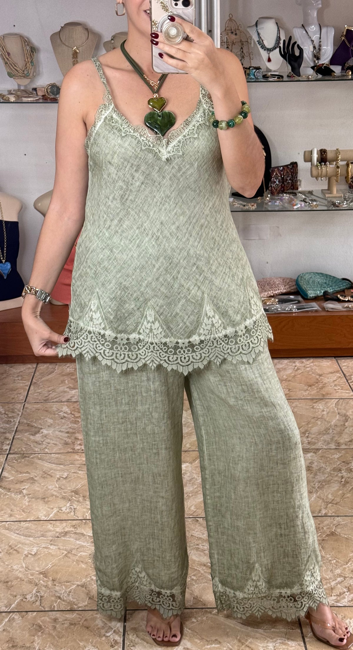 Linen/Lace Top & Pant OS Set (NO RETURNS OR EXCHANGE)