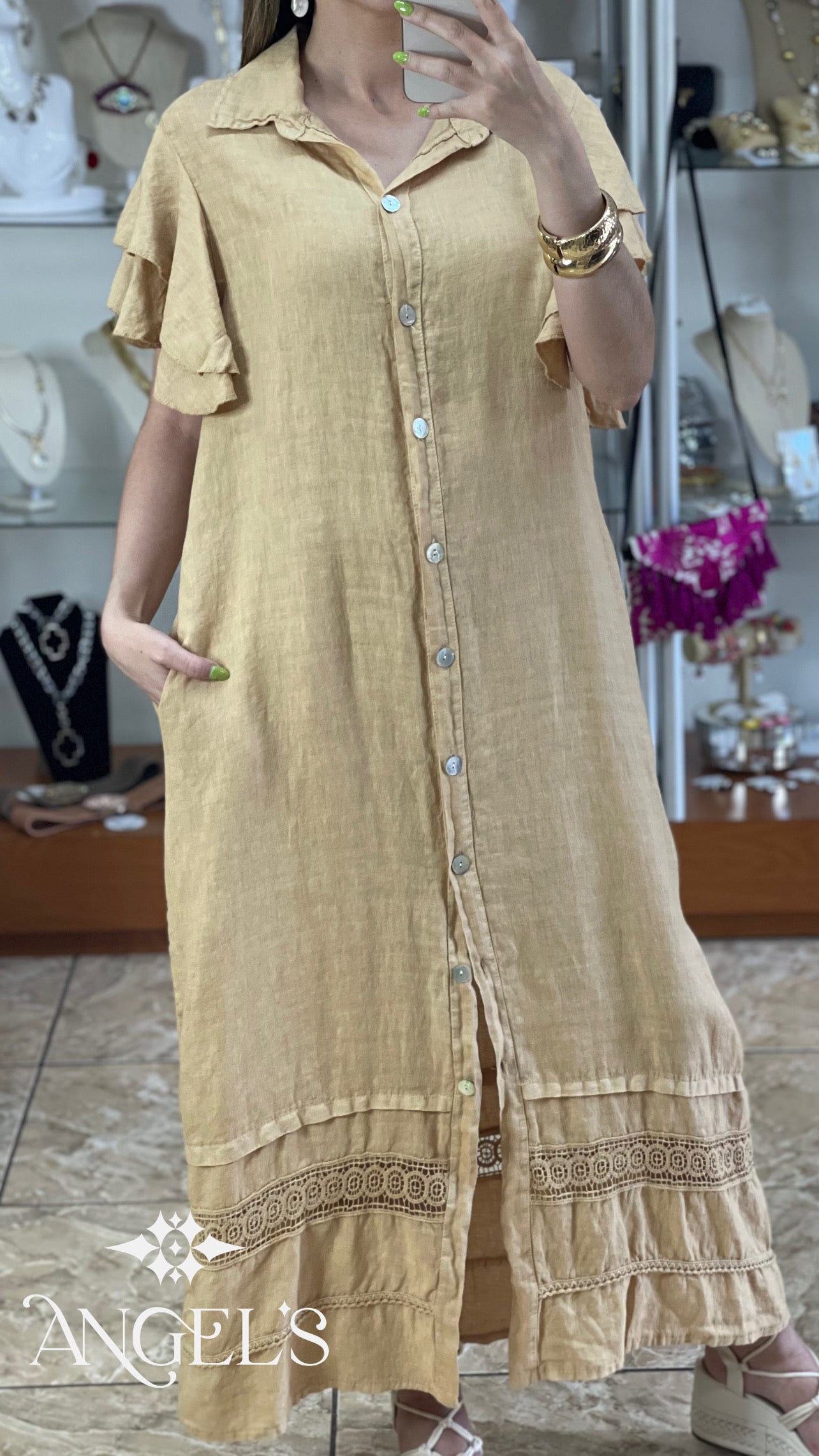 Linen OS Maxi With Trim Details Dress