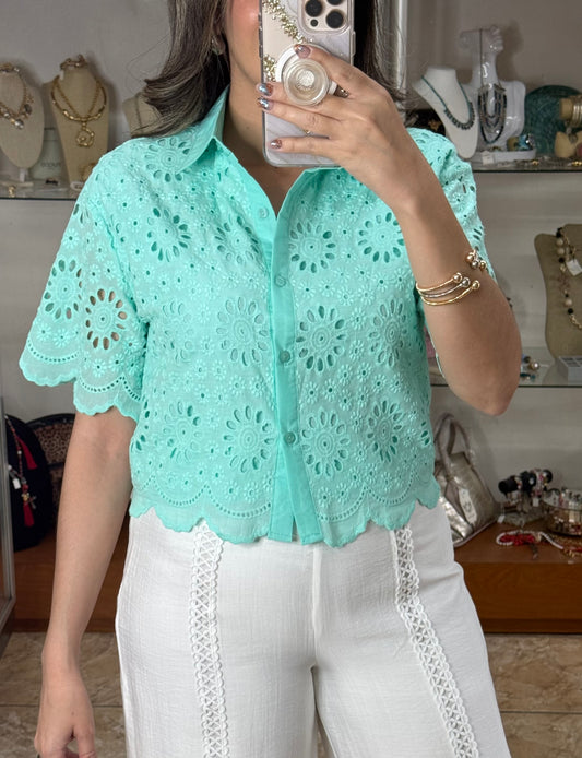 Eyelet Button Down Top