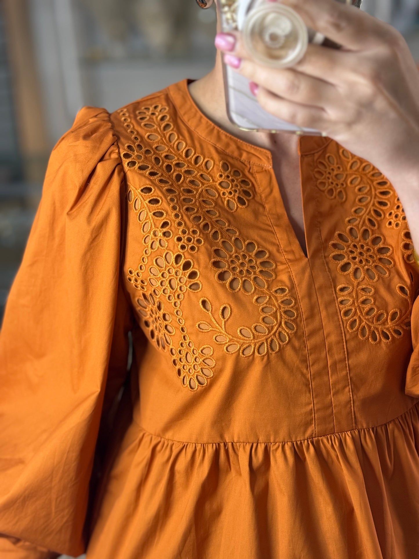 Long Sleeves Caramel Embroidered Peplum Top