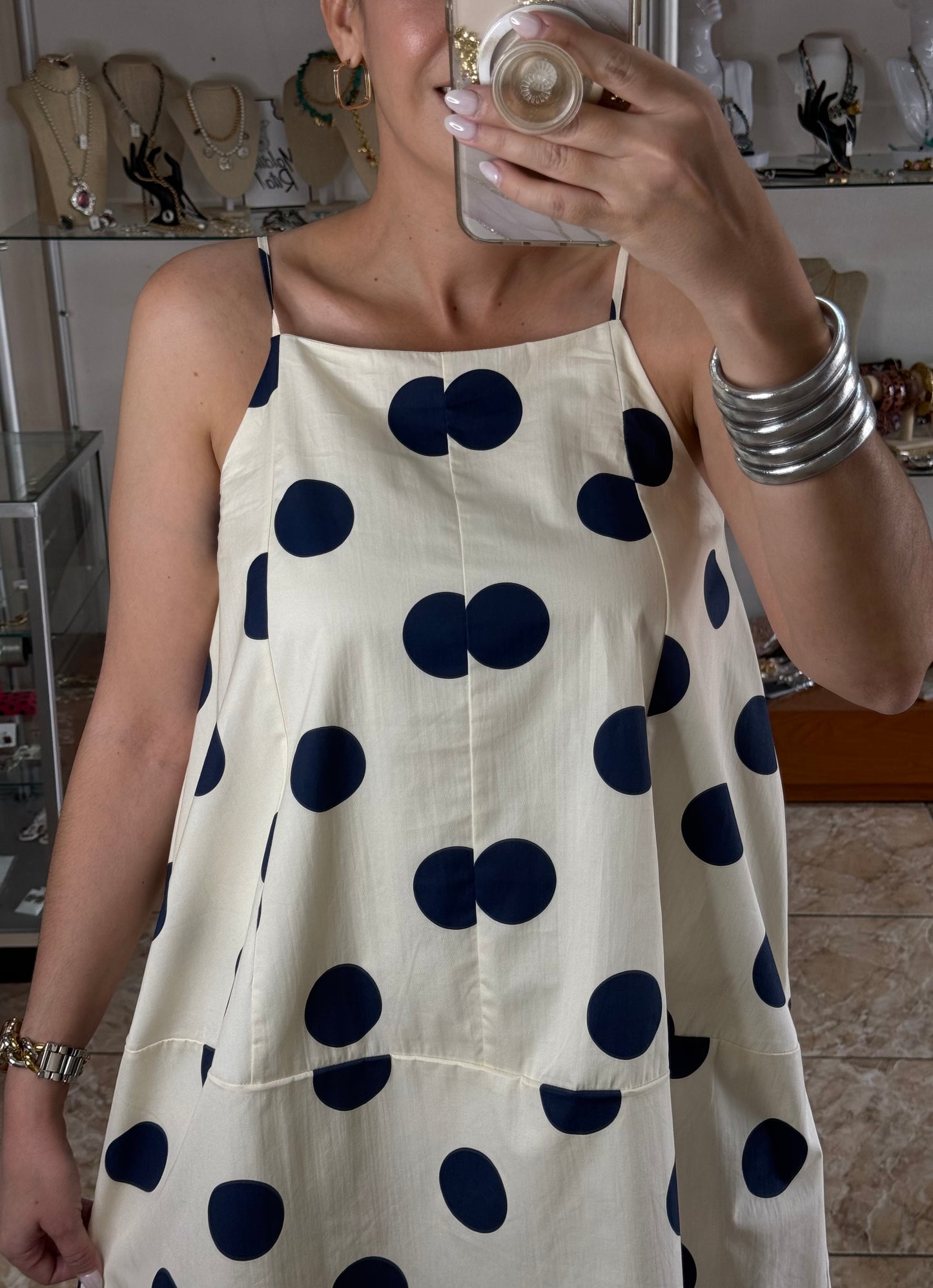Cream/Navy Big Polkadots Mini Dress