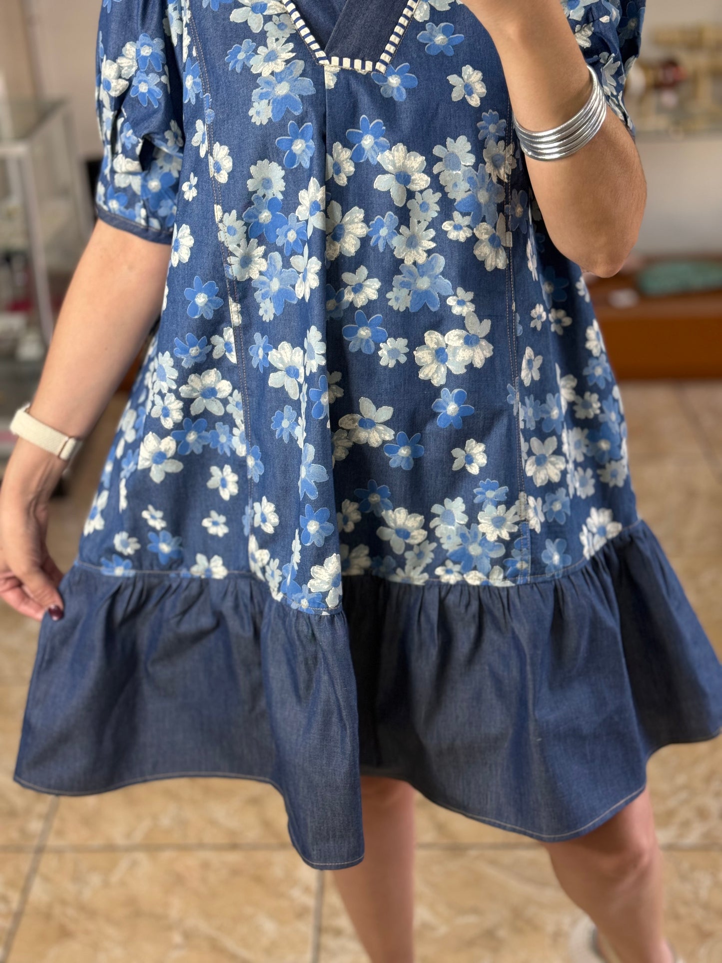 Chambray Floral Puff Sleeves Dress