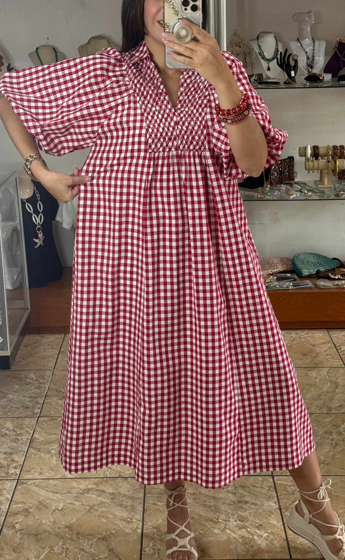 Puff Sleeve Plaid Midi Dress (Reg)