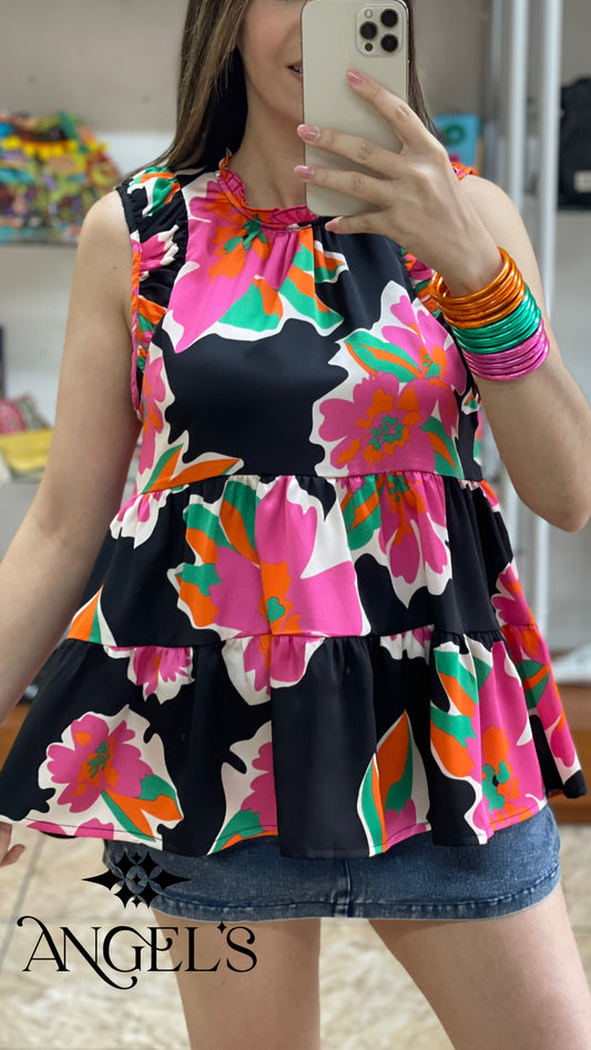 Black/Pink Floral Top