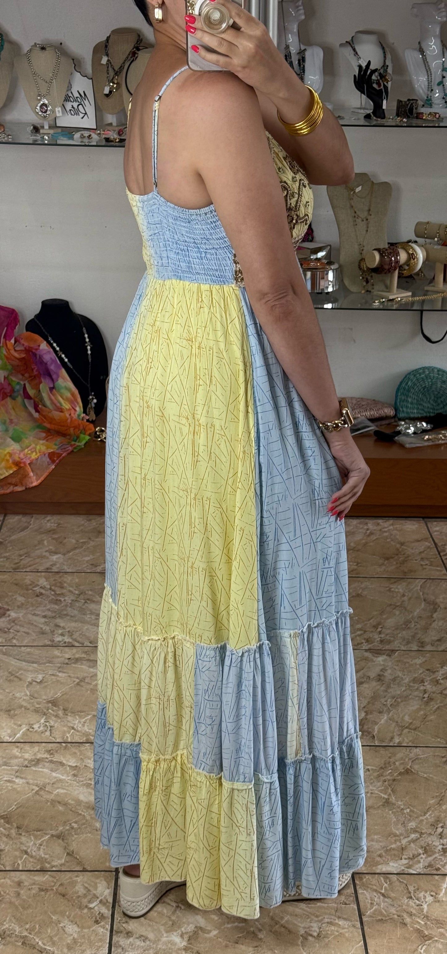 Blue/Yellow OS Maxi Boho Dress (NO RETURNS OR EXCHANGE)