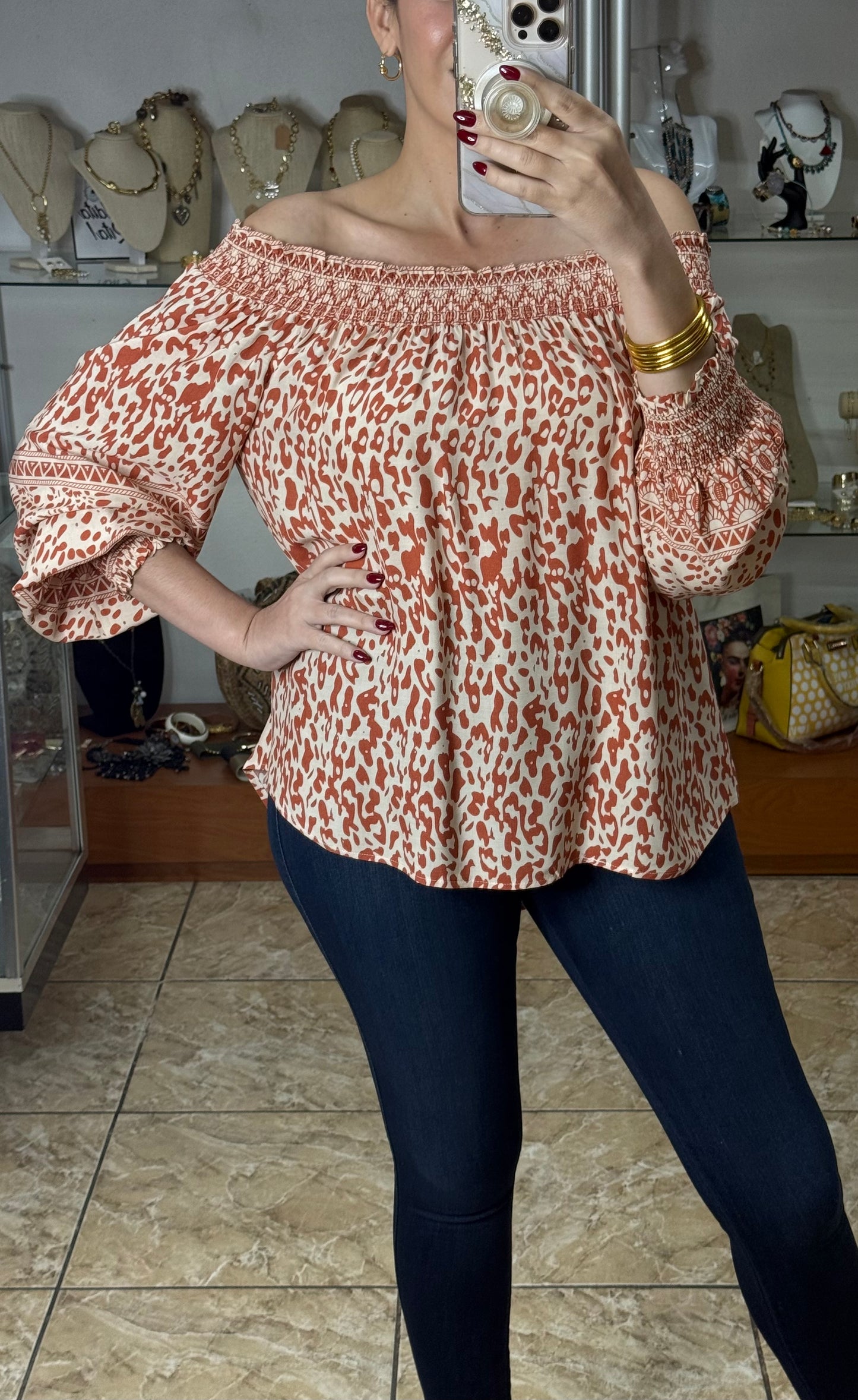 Salmon Mix Off Shoulder Top