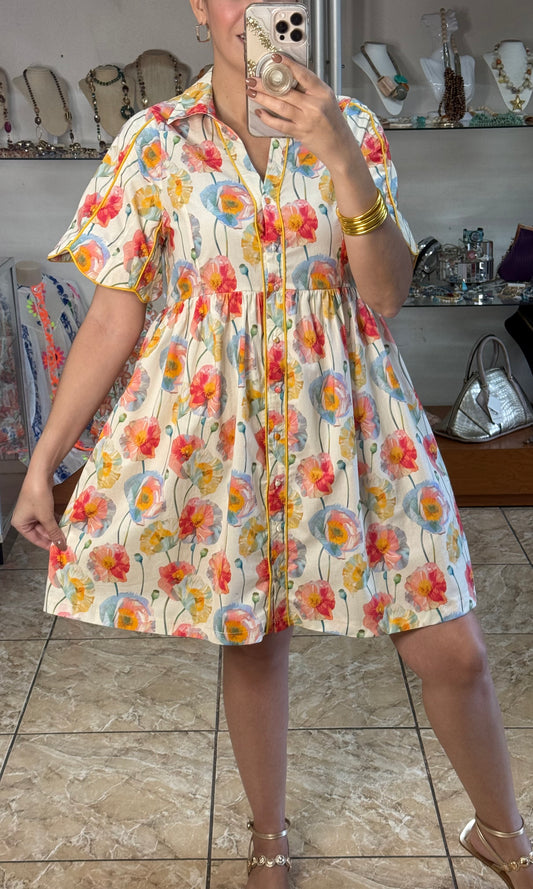 Cream Floral Button Down Babydoll Dress