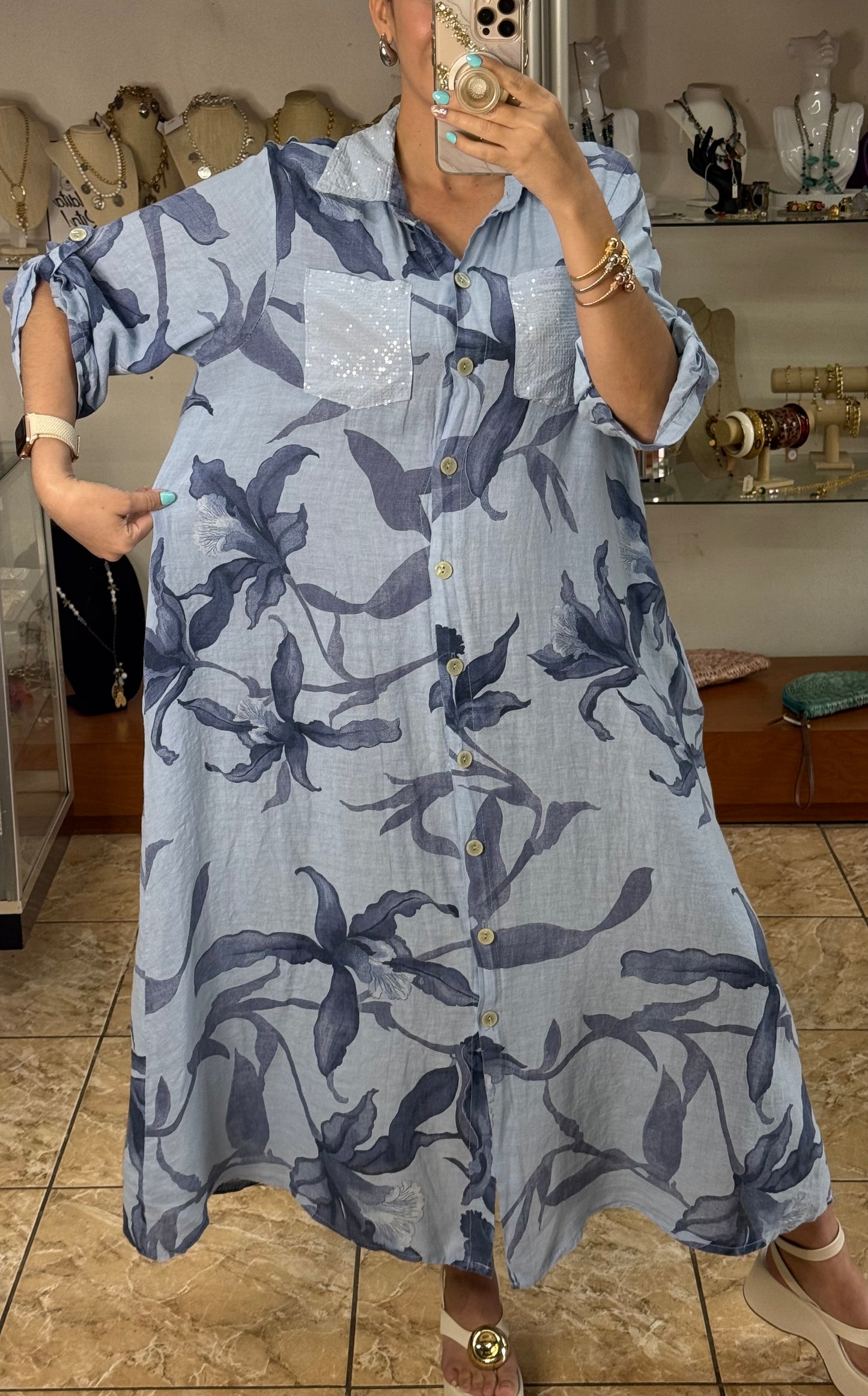 Blue Linen OS Button Down Maxi Dress (FINAL SALE)