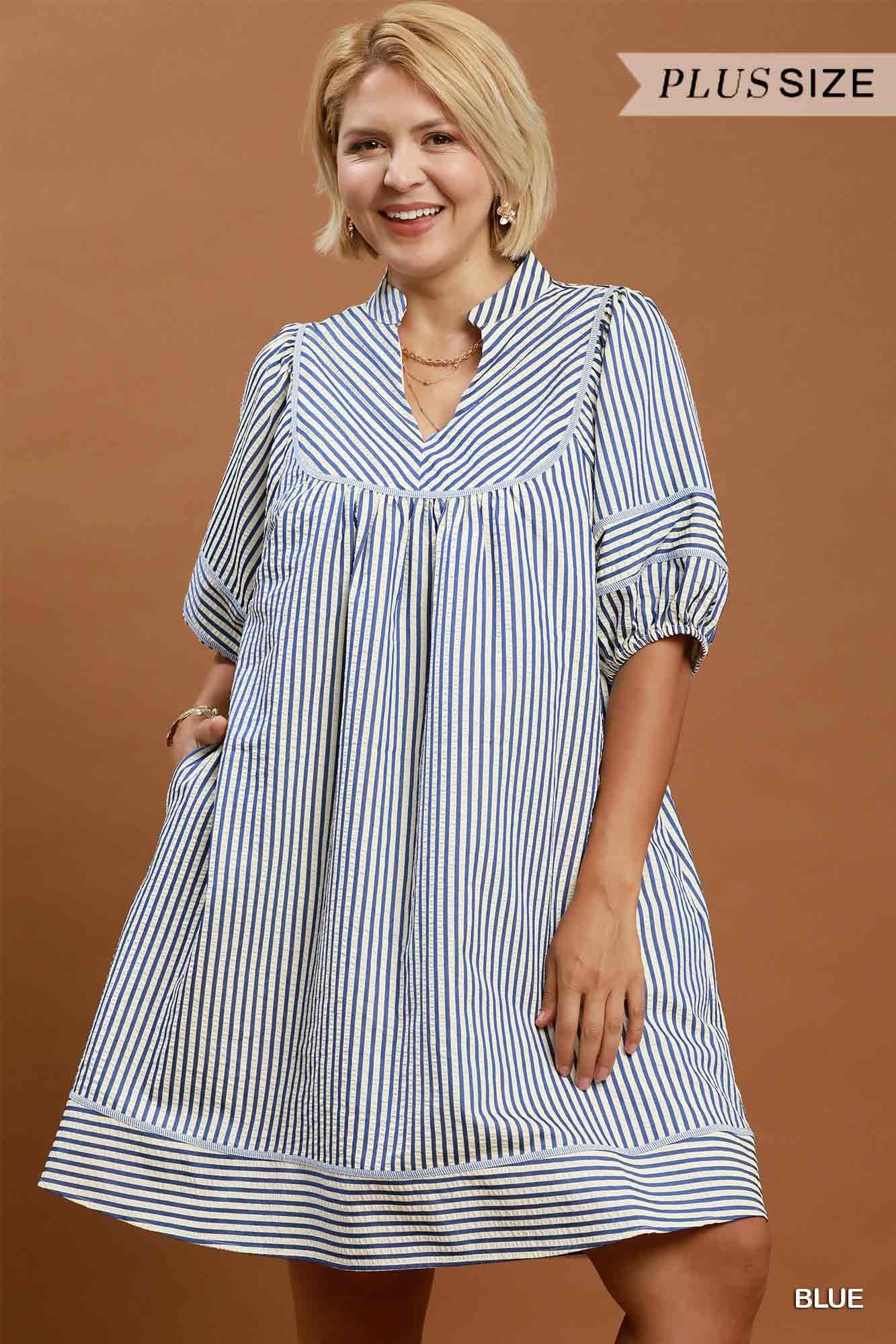 Blue Striped Puff Sleeve Shift Dress (PLUS)