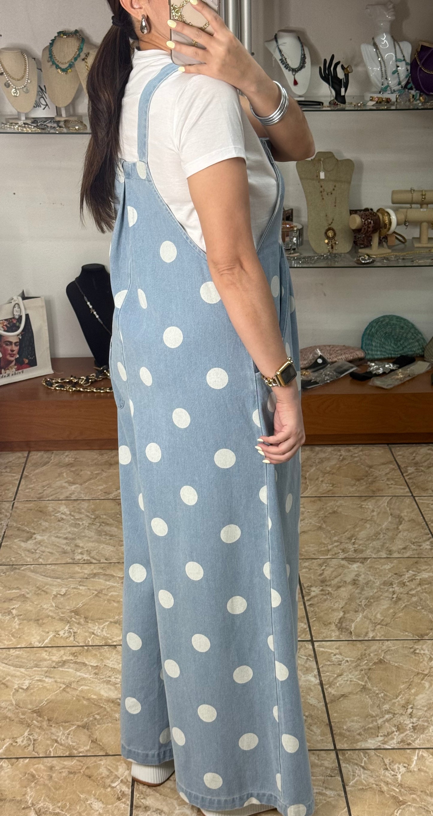 Denim Polkadot Overall Jumpsuit