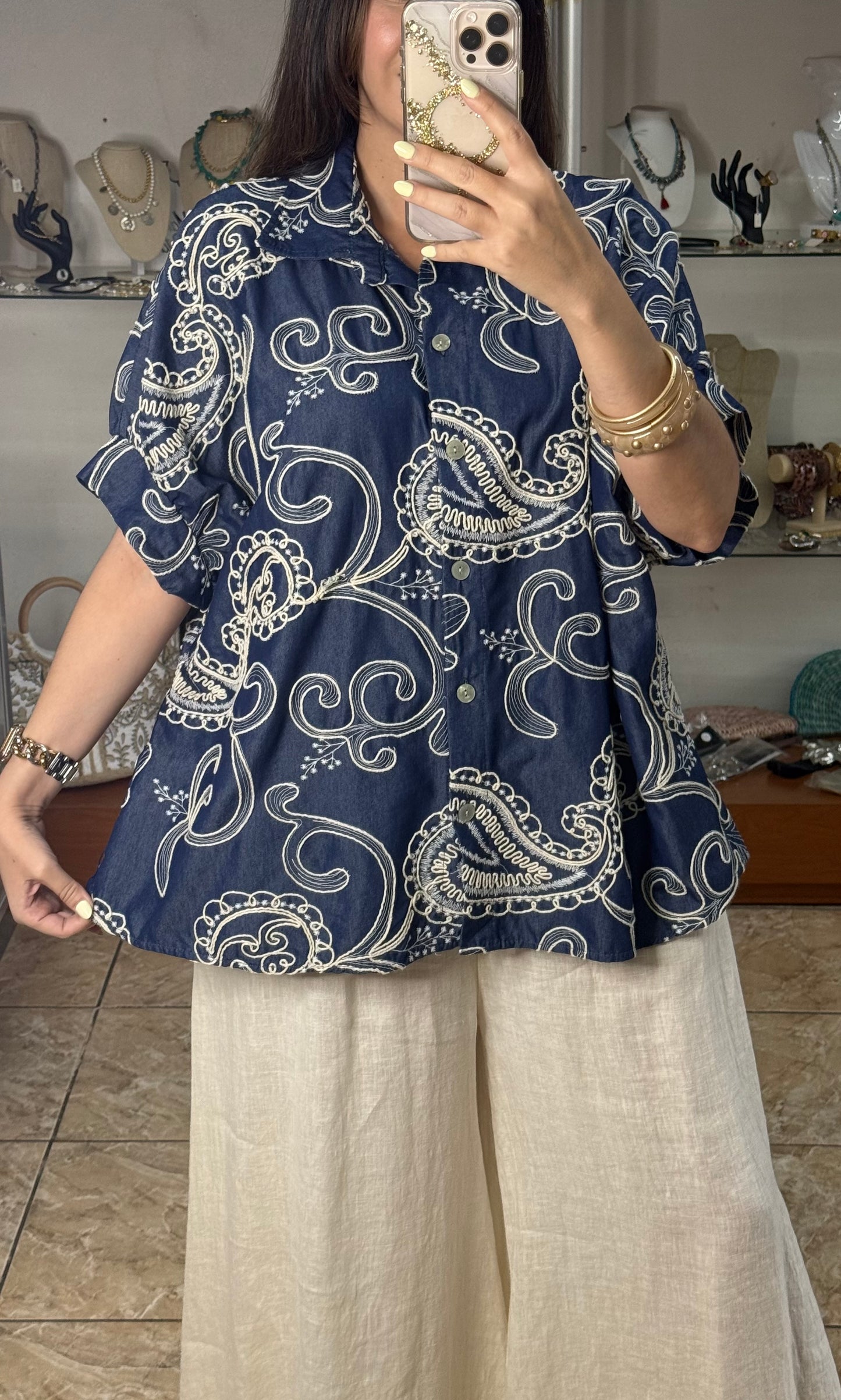 OS Blue Denim Embroidered Tunic Top (NO RETURNS OR EXCHANGE)