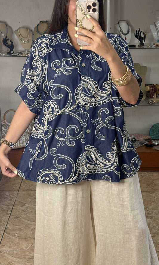 OS Blue Denim Embroidered Tunic Top (NO RETURNS OR EXCHANGE)