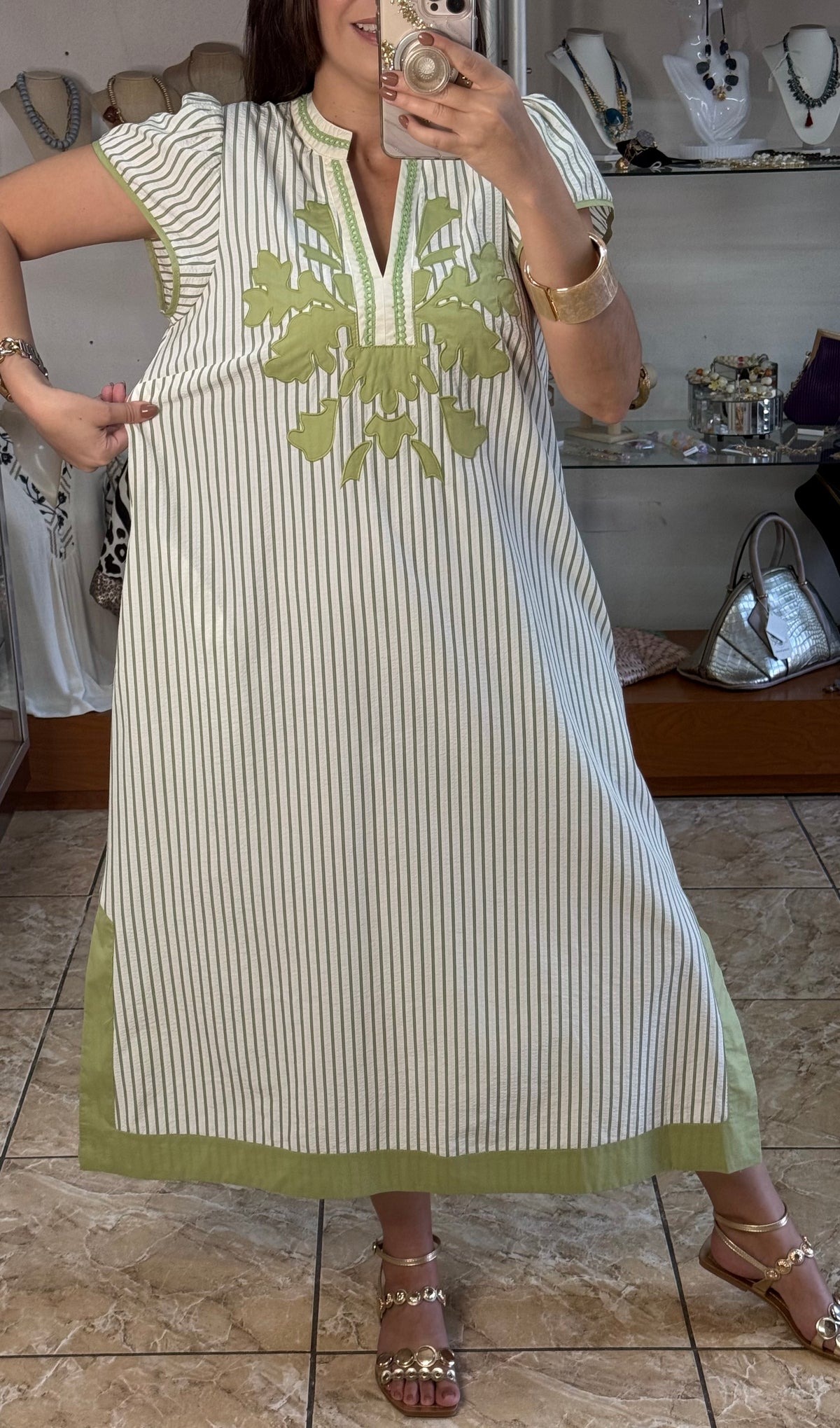 Sage Stripes Embroidered Midi Dress