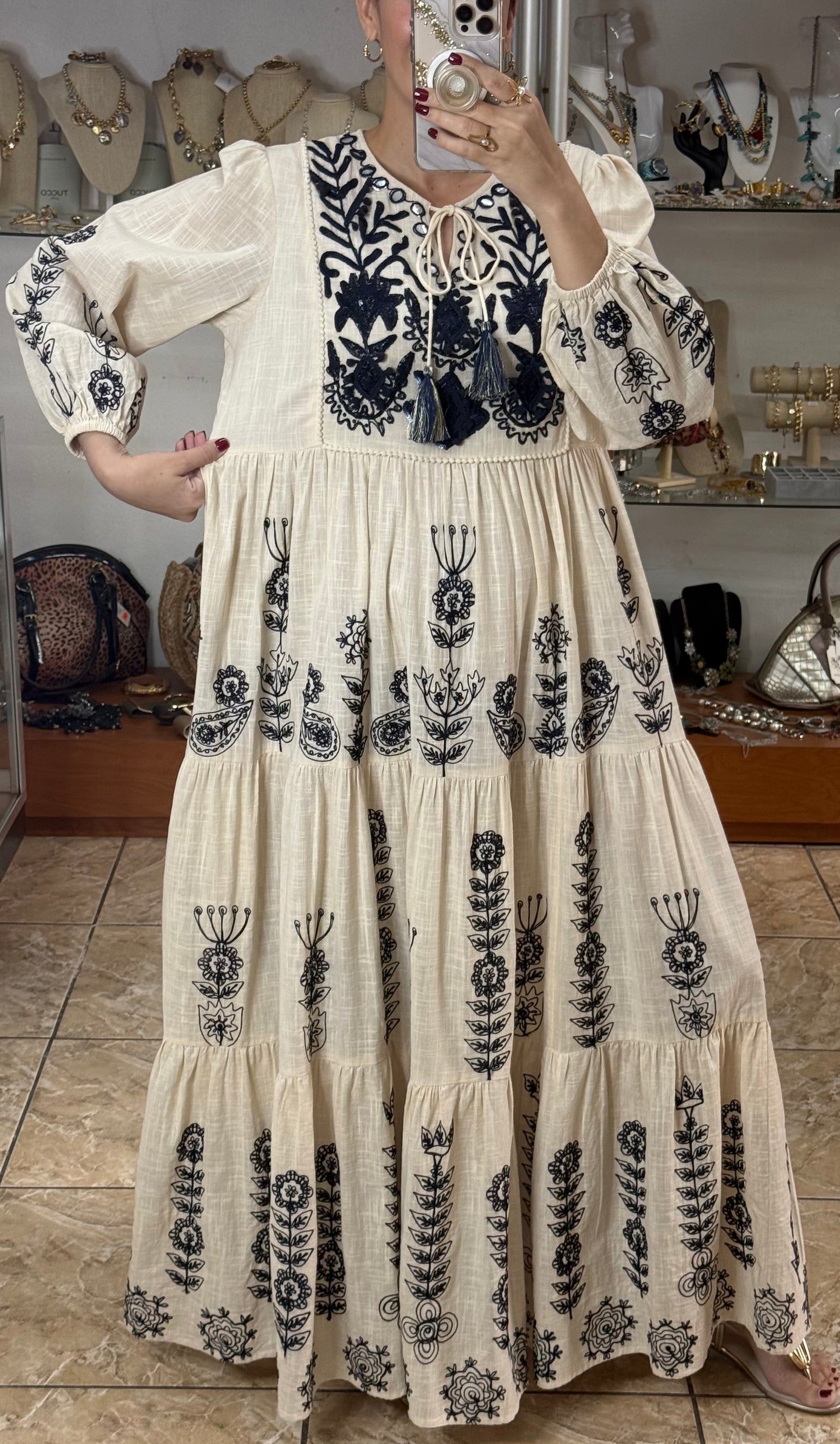 Cream/Navy Embroidered OS Maxi Dress (FINAL SALE)