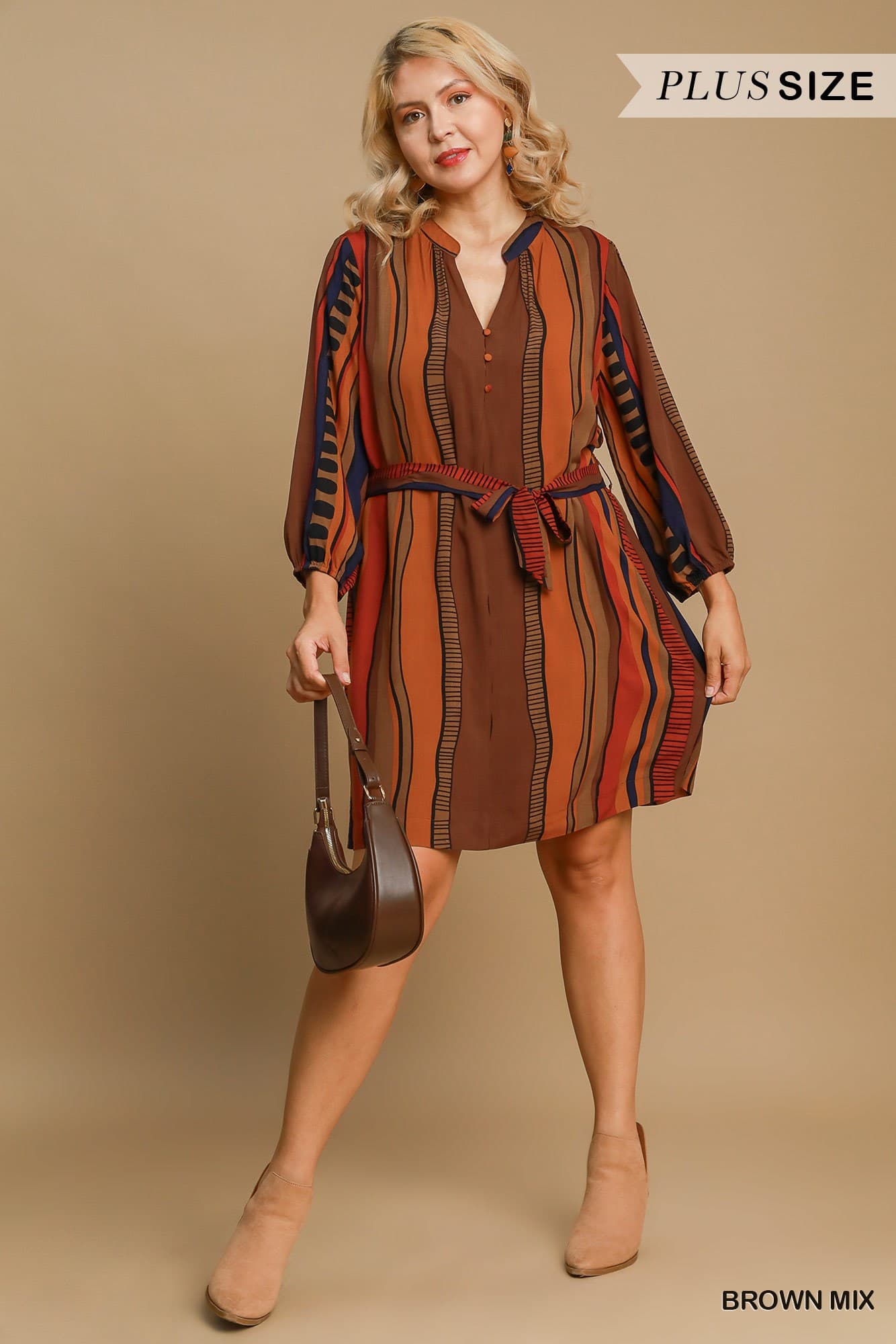 Brown Mix Button Down Mini Dress (PLUS)