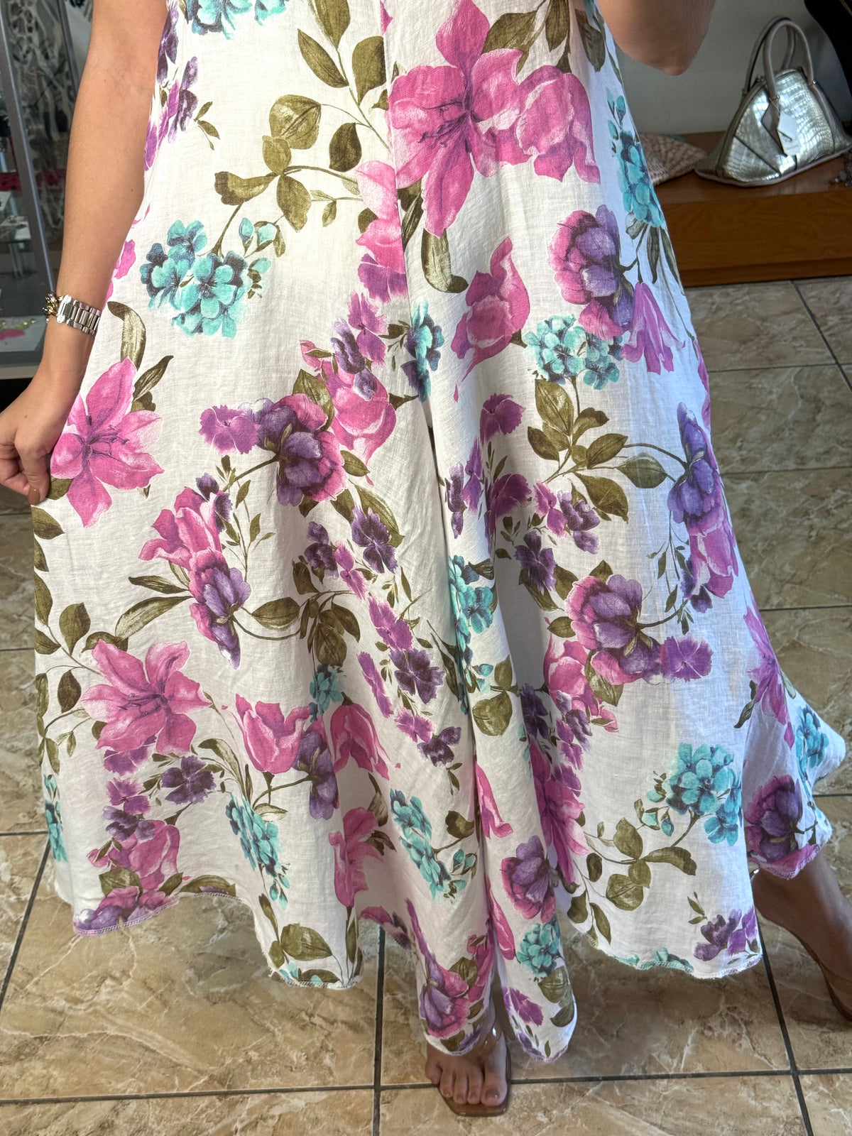 OS Pink/Purple Floral Linen Jumpsuit (NO RETURNS OR EXCHANGE)
