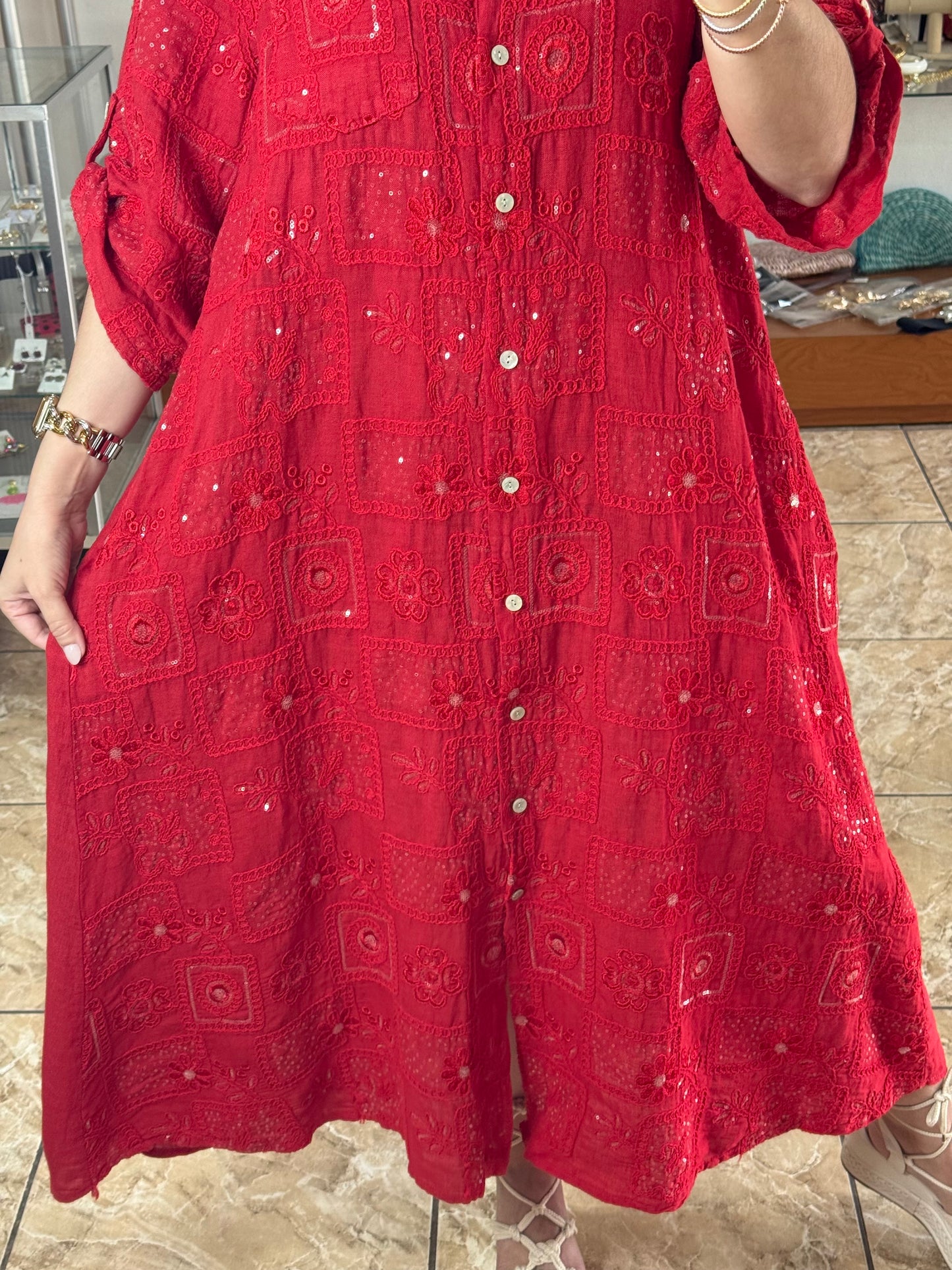 OS Sequins Embroidered Linen Maxi Dress (NO RETURNS OR EXCHANGE)