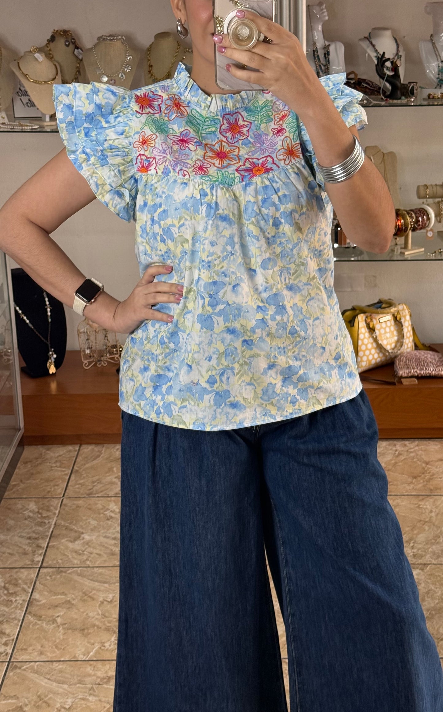 Blue Floral Embroidered Top