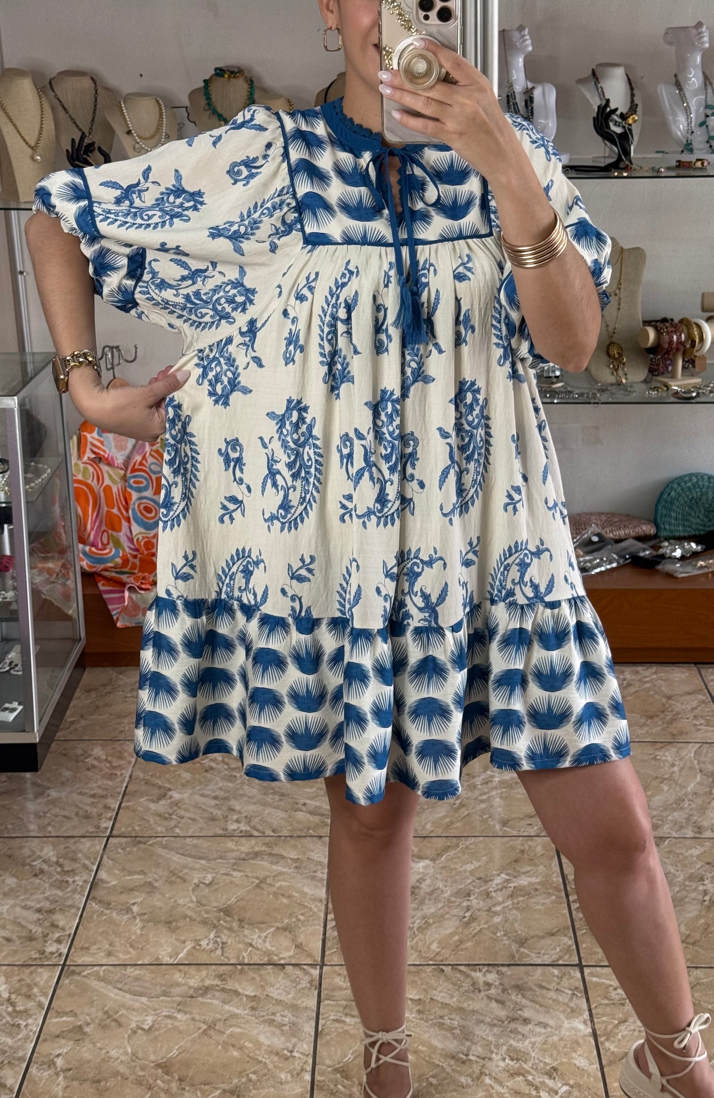 Blue Mix Abstract Print Mini Dress