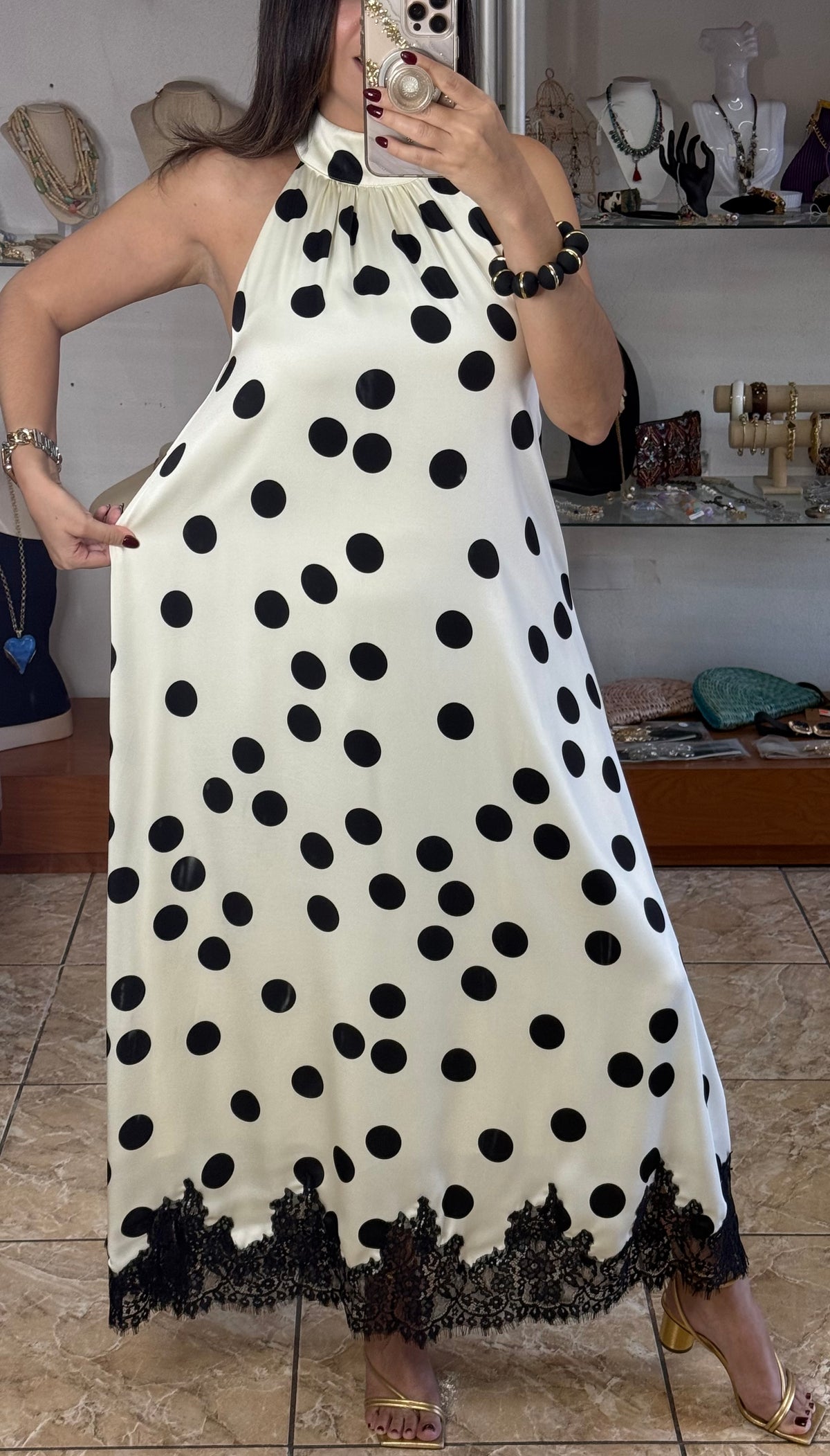Halter Cream/Black Polkadots with Lace Maxi Dress (NO RETURNS OR EXCHANGE)