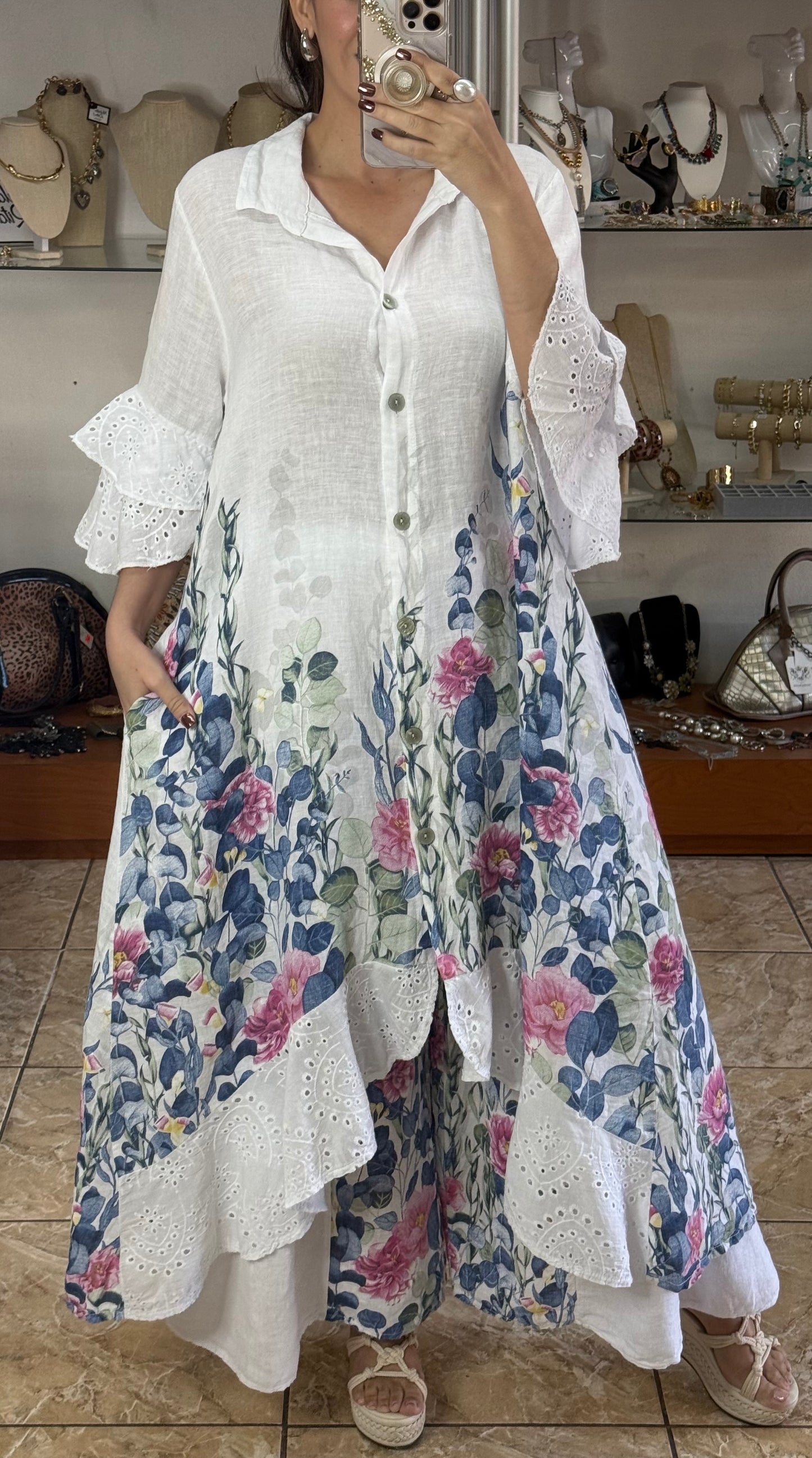 Linen Floral OS Top/Dress and Pant Set (FINAL SALE)