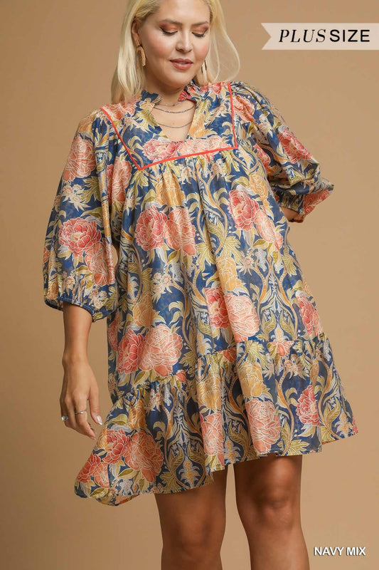 Floral Blue Mix Puff Sleeve Mini Dress (PLUS)