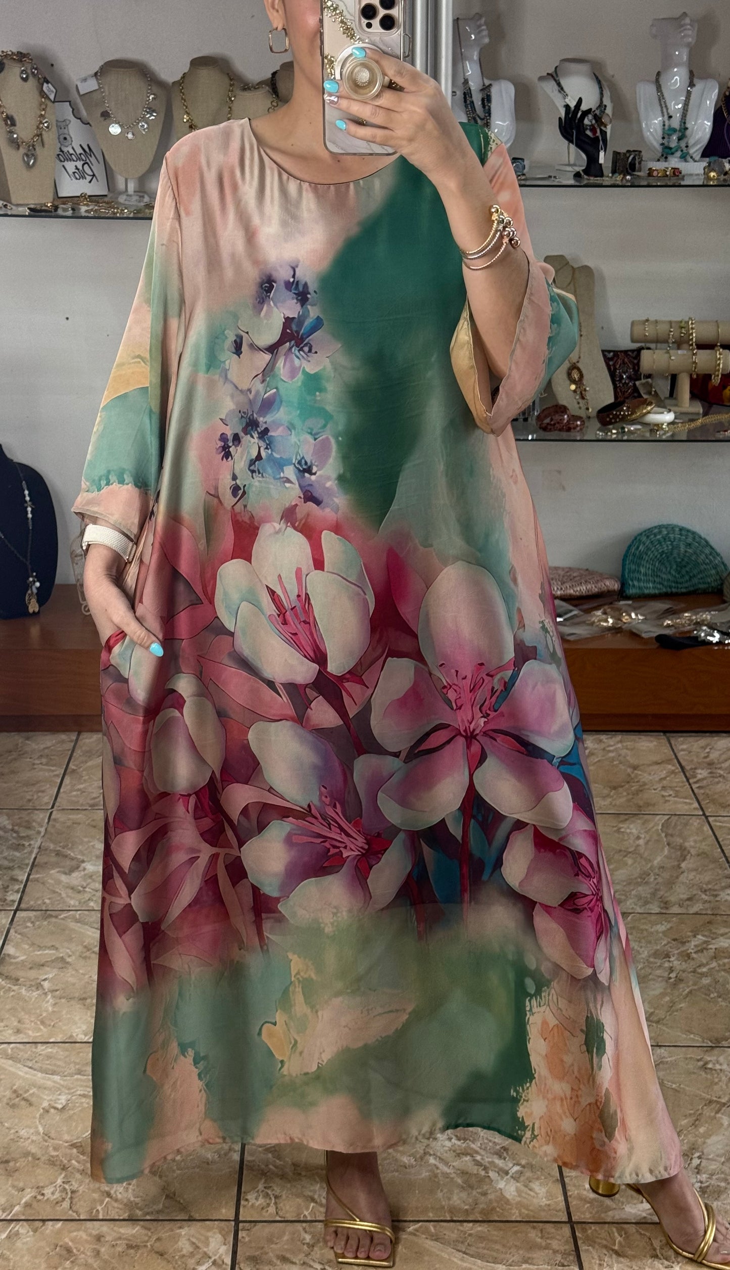 OS Floral Silk Maxi Dress (NO RETURNS OR EXCHANGE)