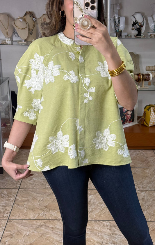 Green Floral Embroidered Top