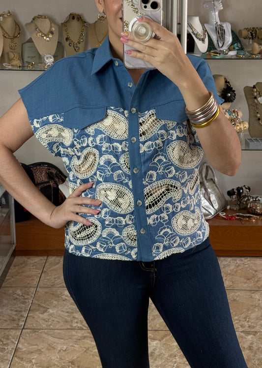 Denim/Crochet Paisley Top