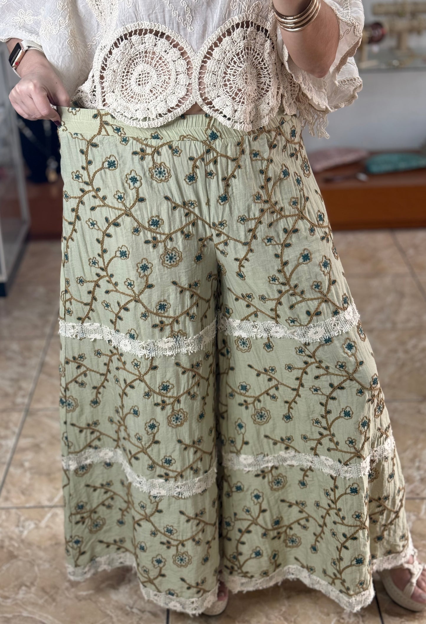 Green Floral Embroidered Pants