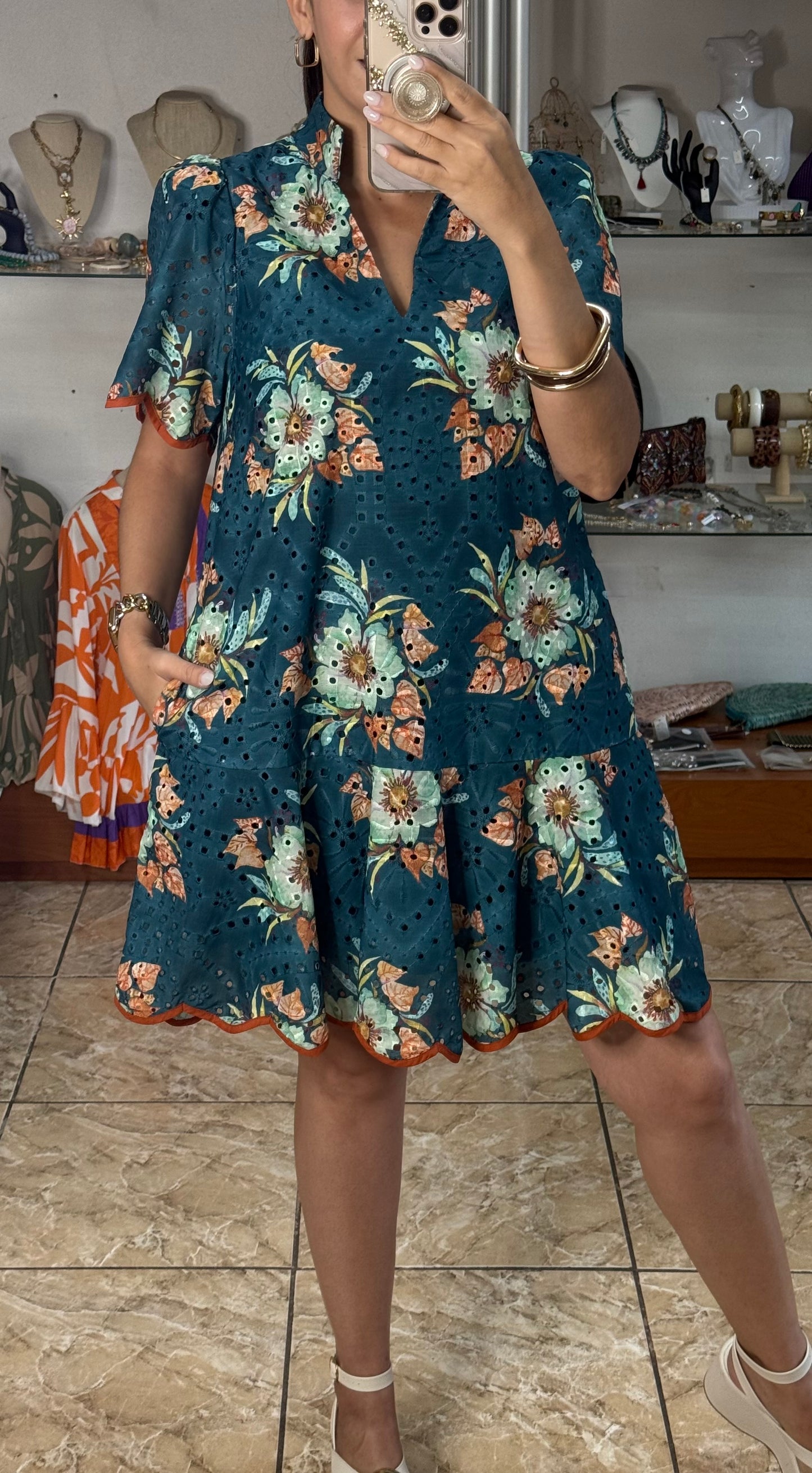 Teal Floral Eyelet Dress