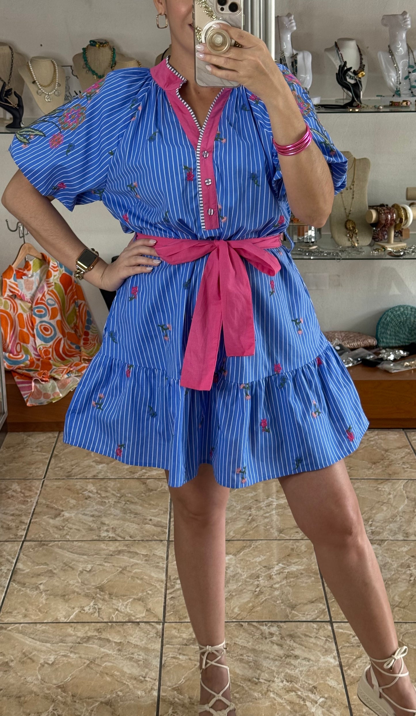 Puff Sleeves Floral Embroidered Mini Dress