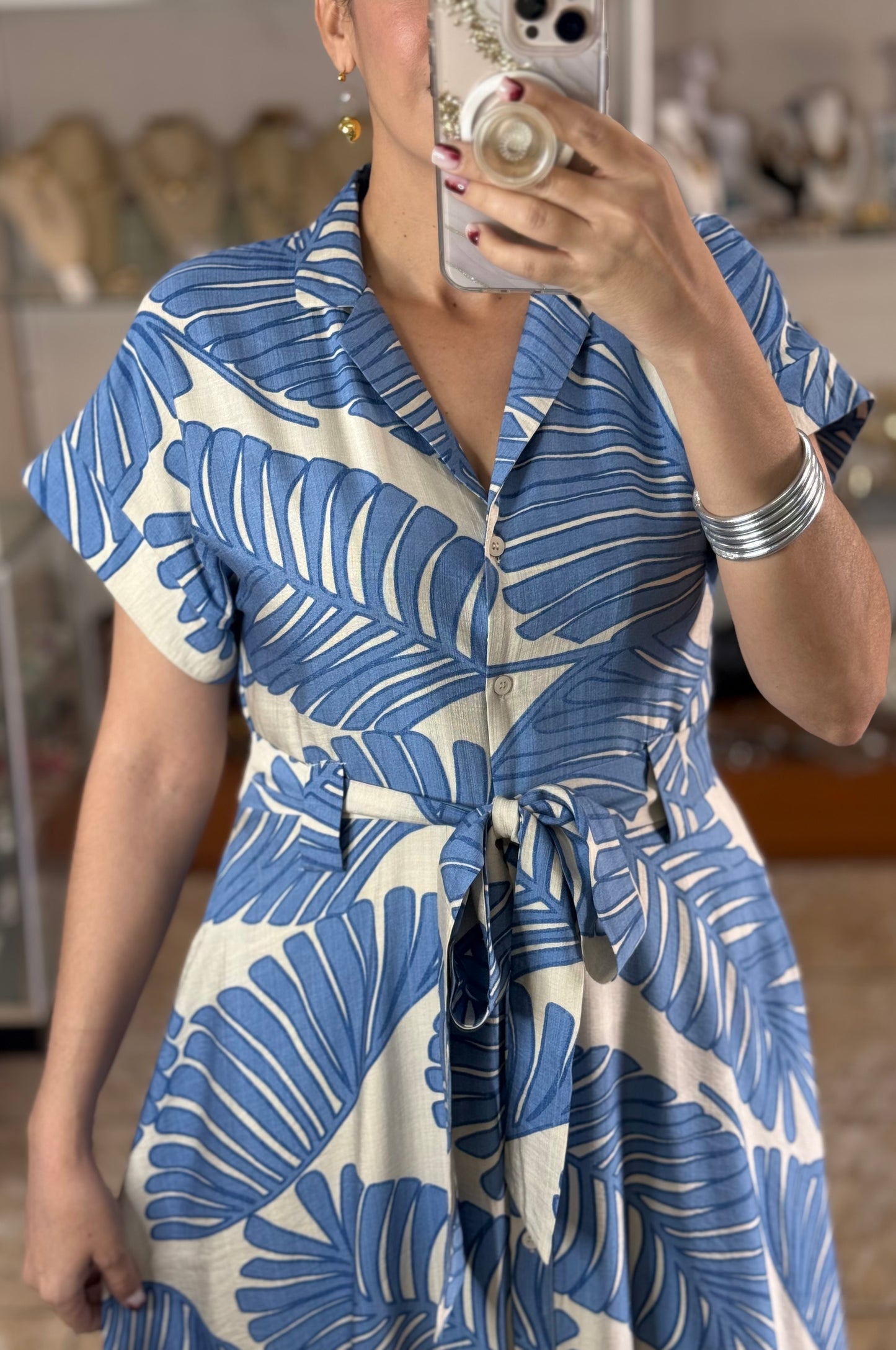 Blue Leaves Belted Maxi Dress