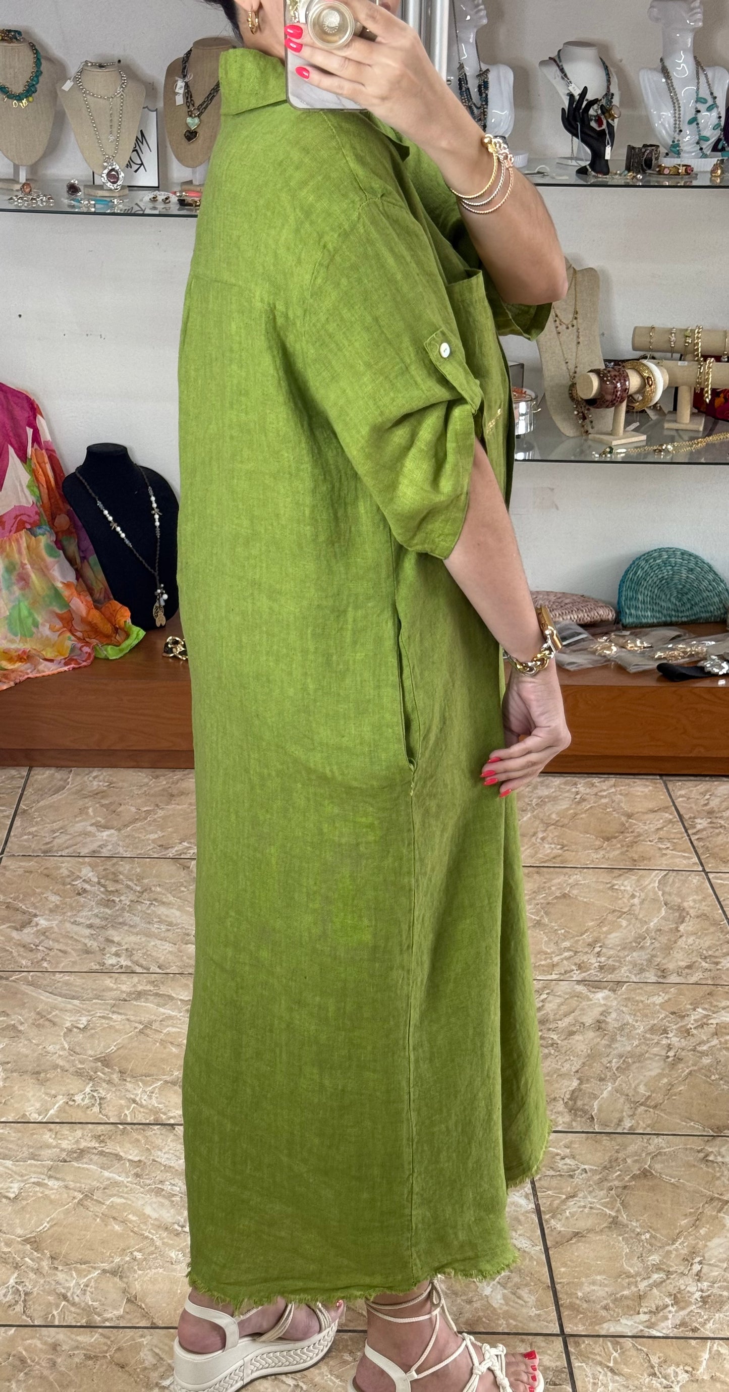 Gold Details Button Down OS Linen Maxi Dress (NO RETURNS OR EXCHANGE)