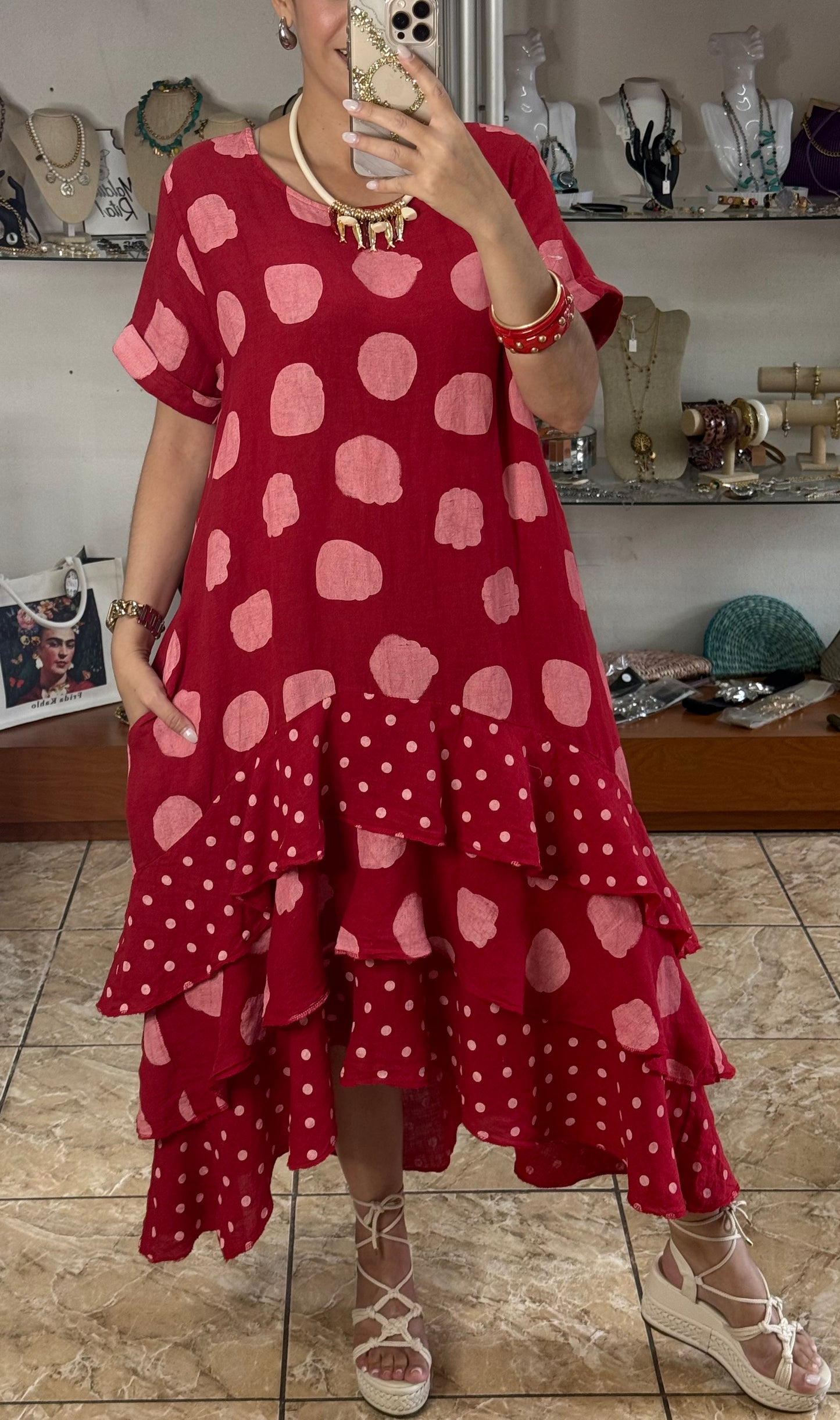 Polka OS Ruffle Tiered Linen Midi Dress (NO RETURNS OR EXCHANGE)