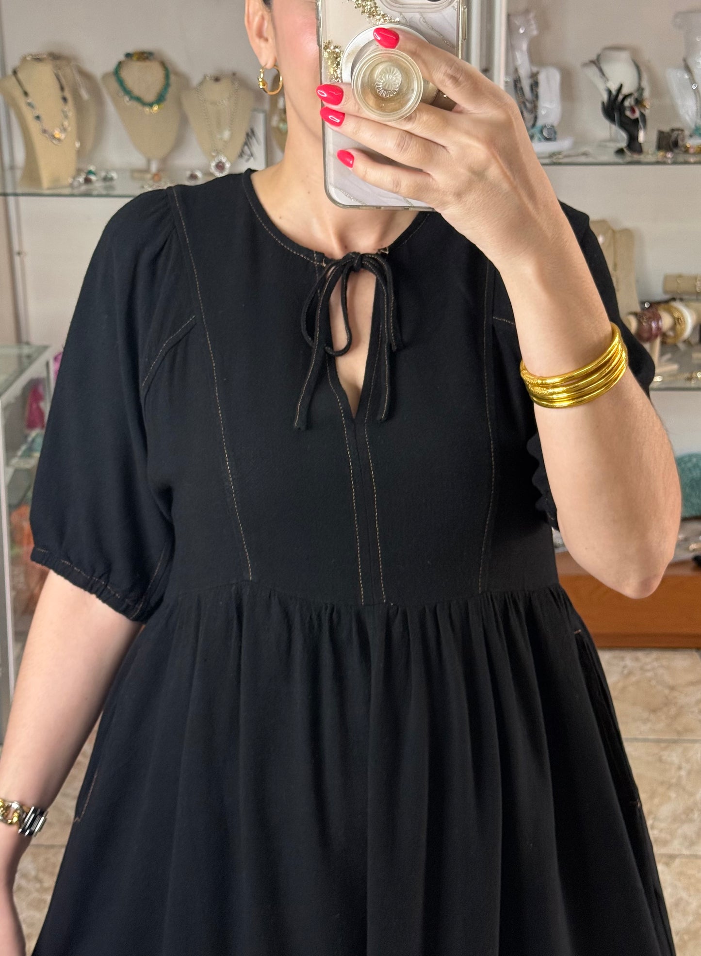 Black Linen Blend V-Neck Dress