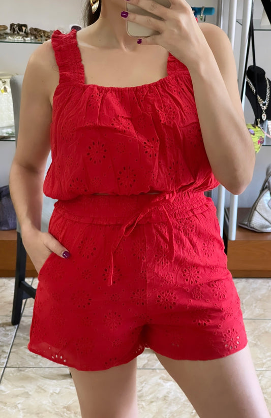 Red Eyelet Crop Top and Short Set