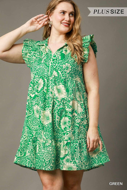 Green Boho Bloom Ruffle Mini Dress