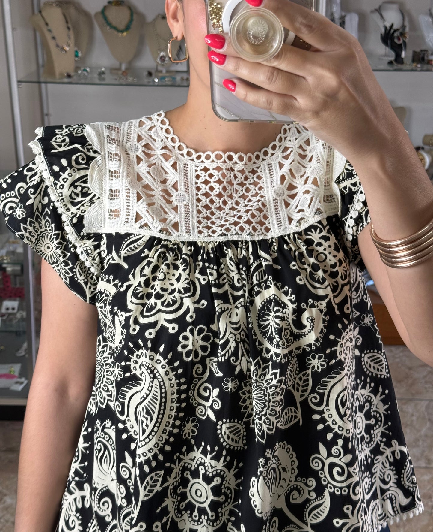 Black/Cream Paisley Top