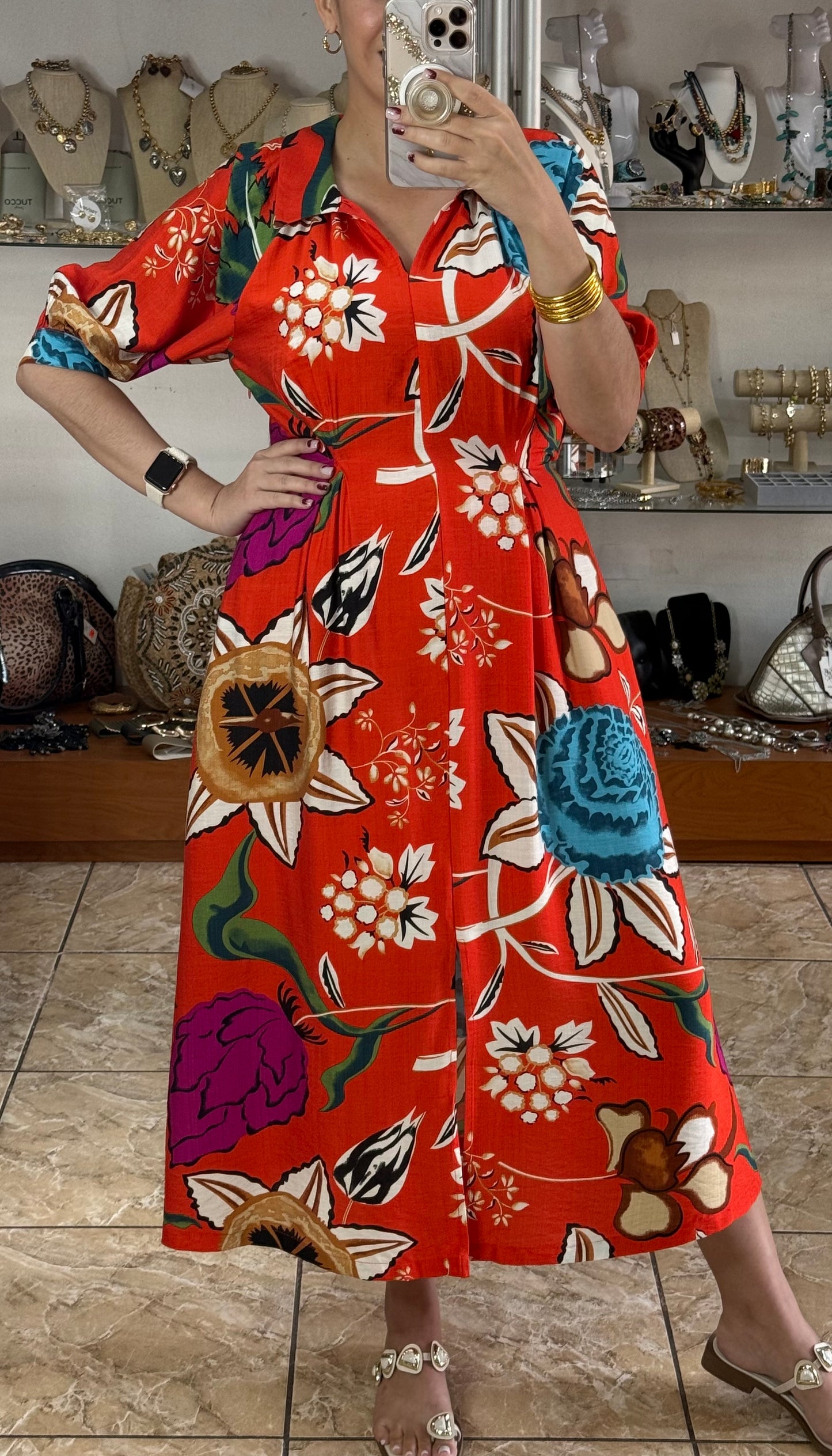 Orange Floral Midi Dress