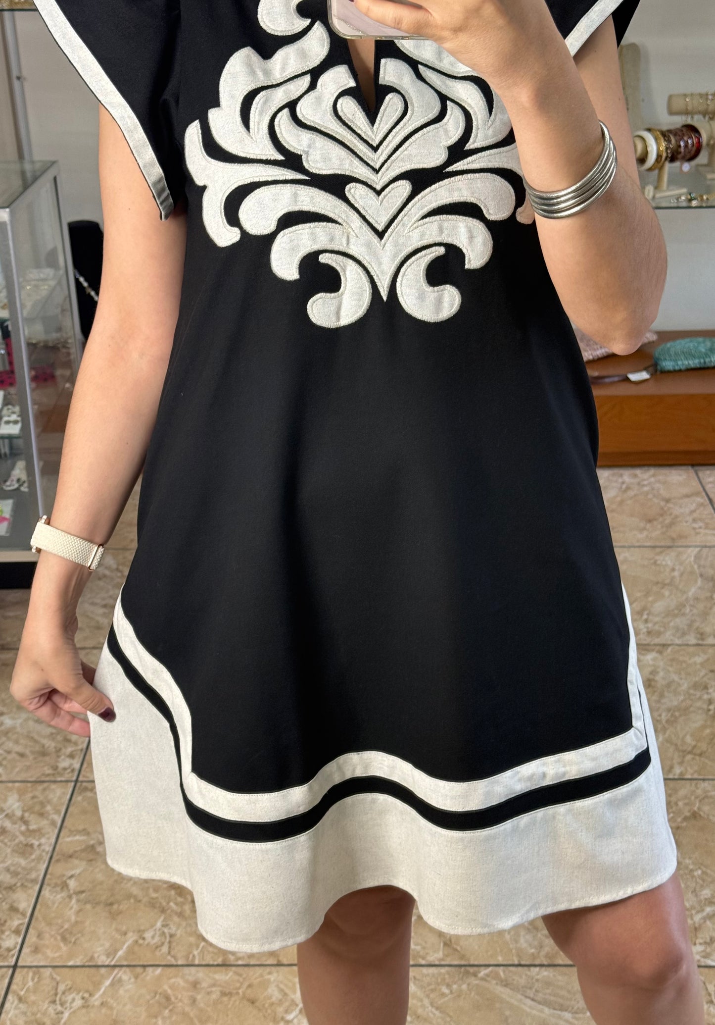 Black Embroidered V-Neck Dress