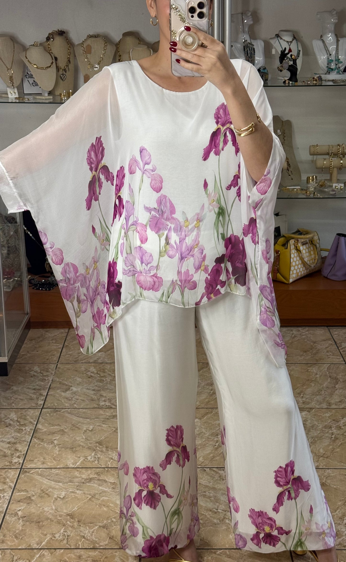 White Floral Silk OS Pant Set (FINAL SALE)