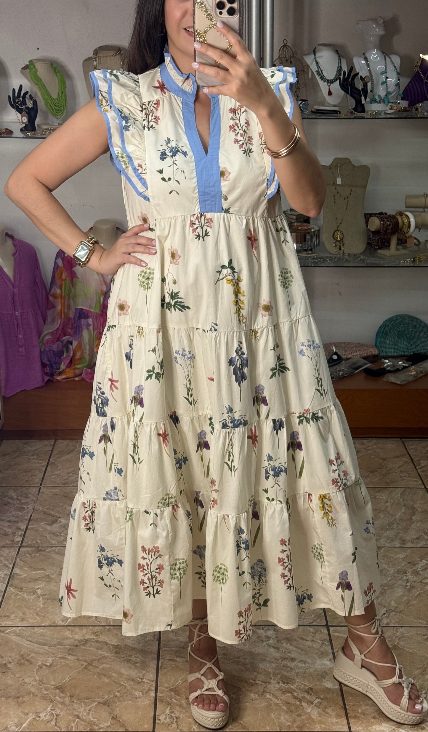 Cream Floral Midi Dress