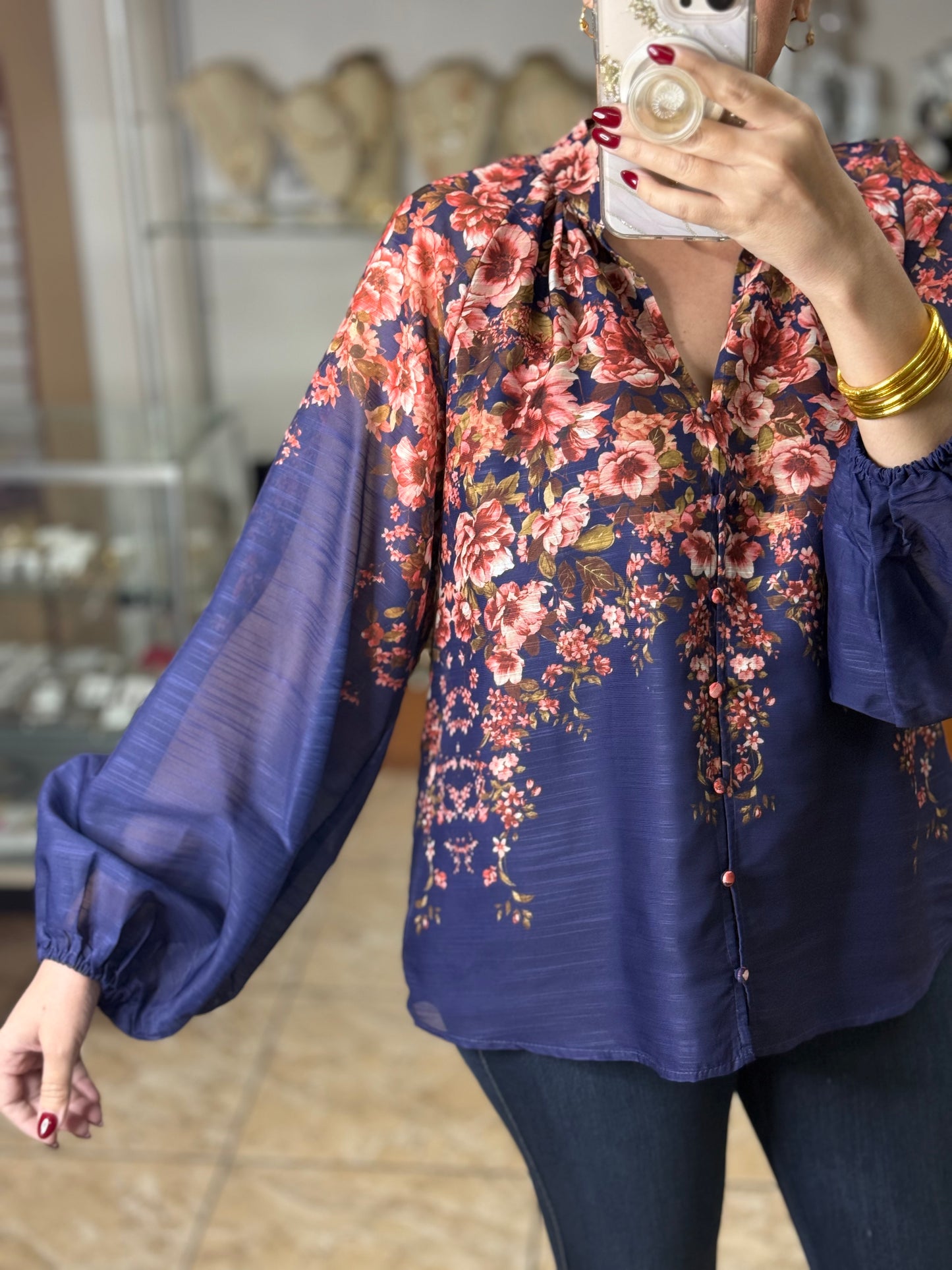 Navy Floral Button Down Top