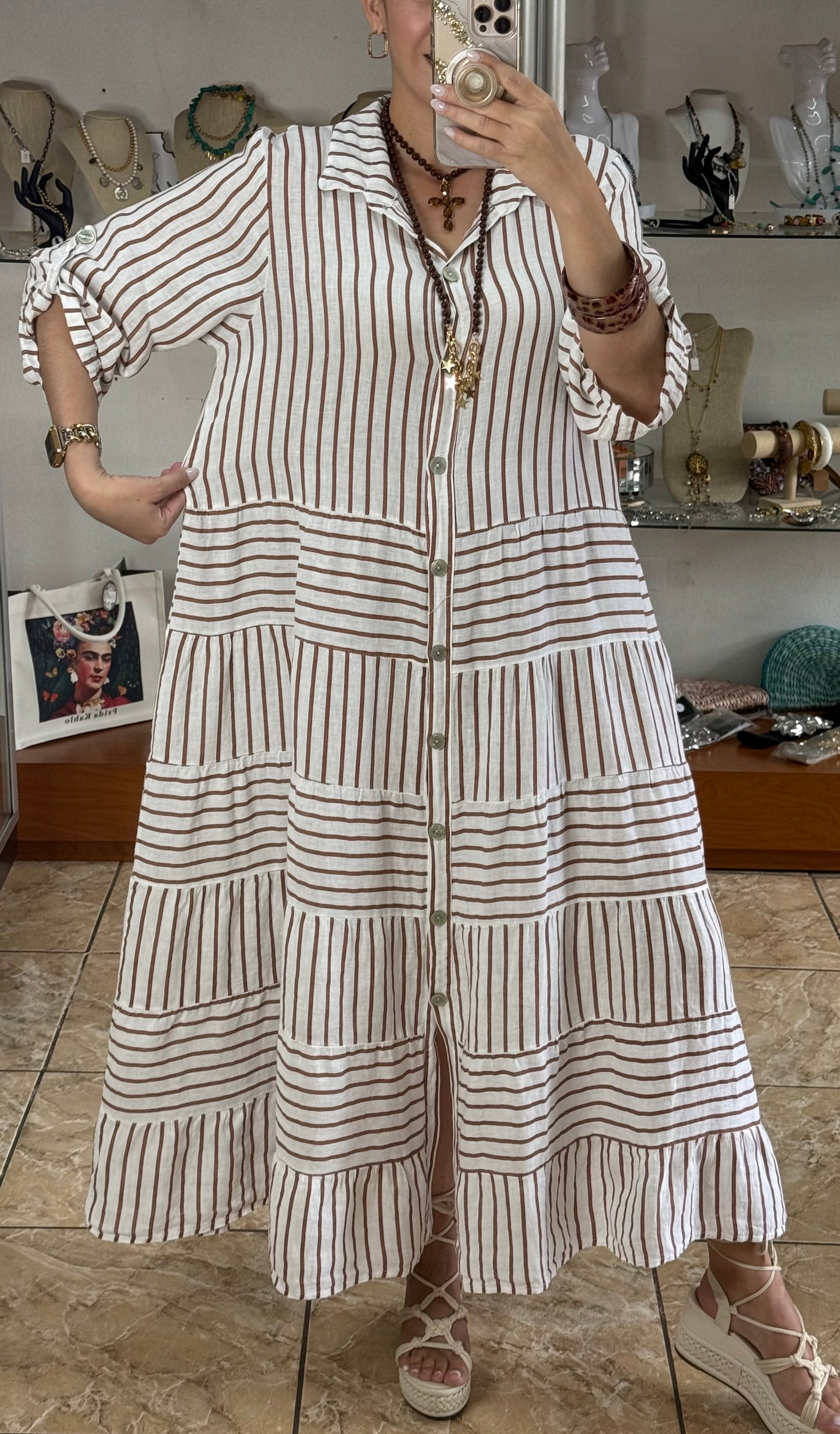 OS Linen Stripes Button Down Maxi Dress (NO RETURNS OR EXCHANGE)