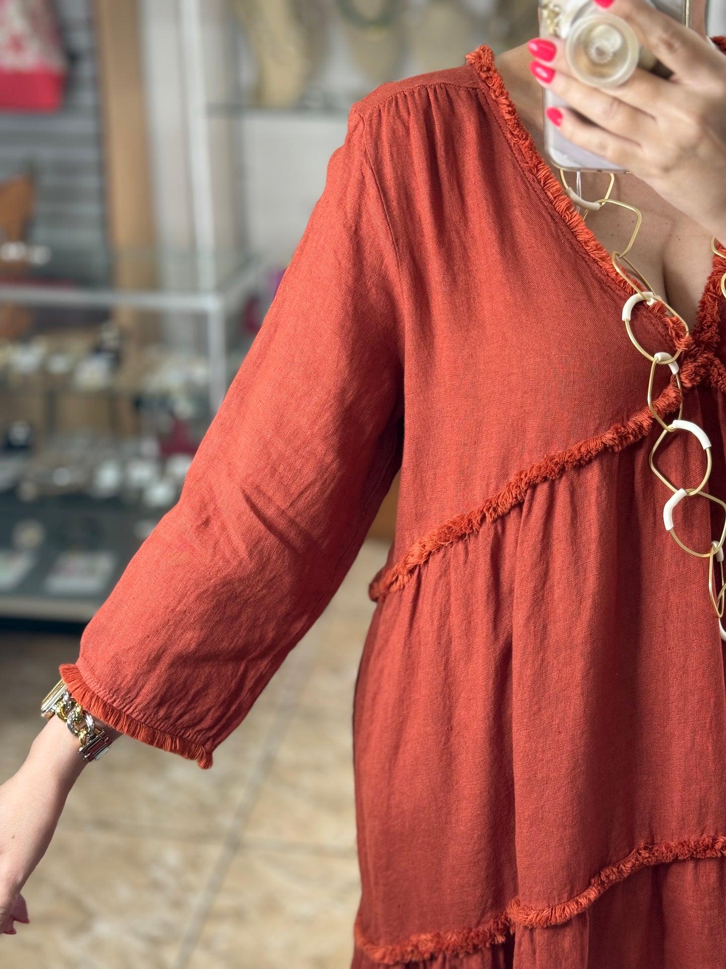 Deep V Neck OS Linen Dress (NO RETURNS OR EXCHANGE)