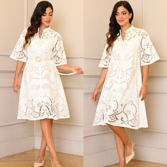 Linen Embroidered Belted White Dress